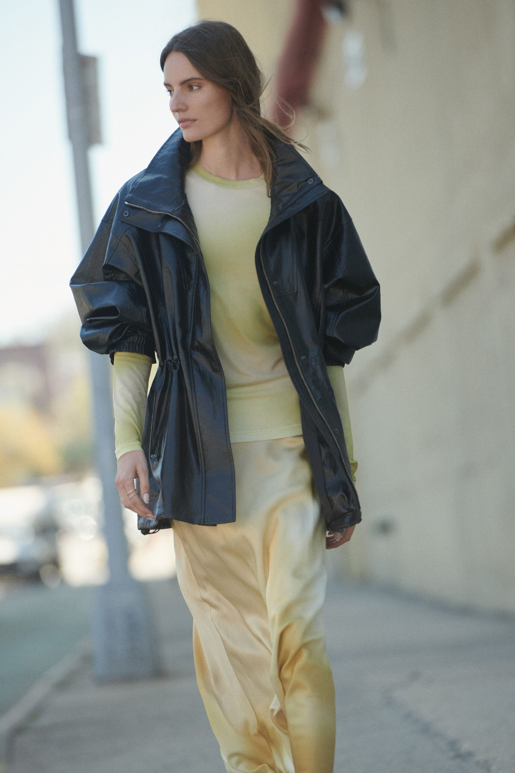 black vinyl long-sleeve collared relaxed zippered shiny jacket