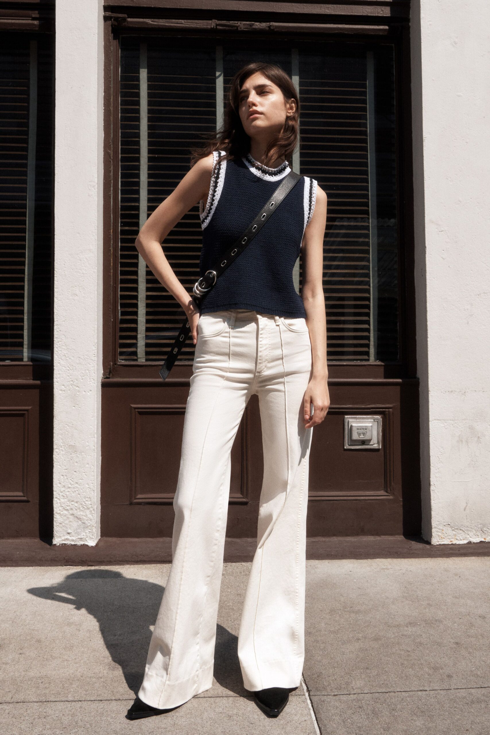 navy fitted top white flared pants