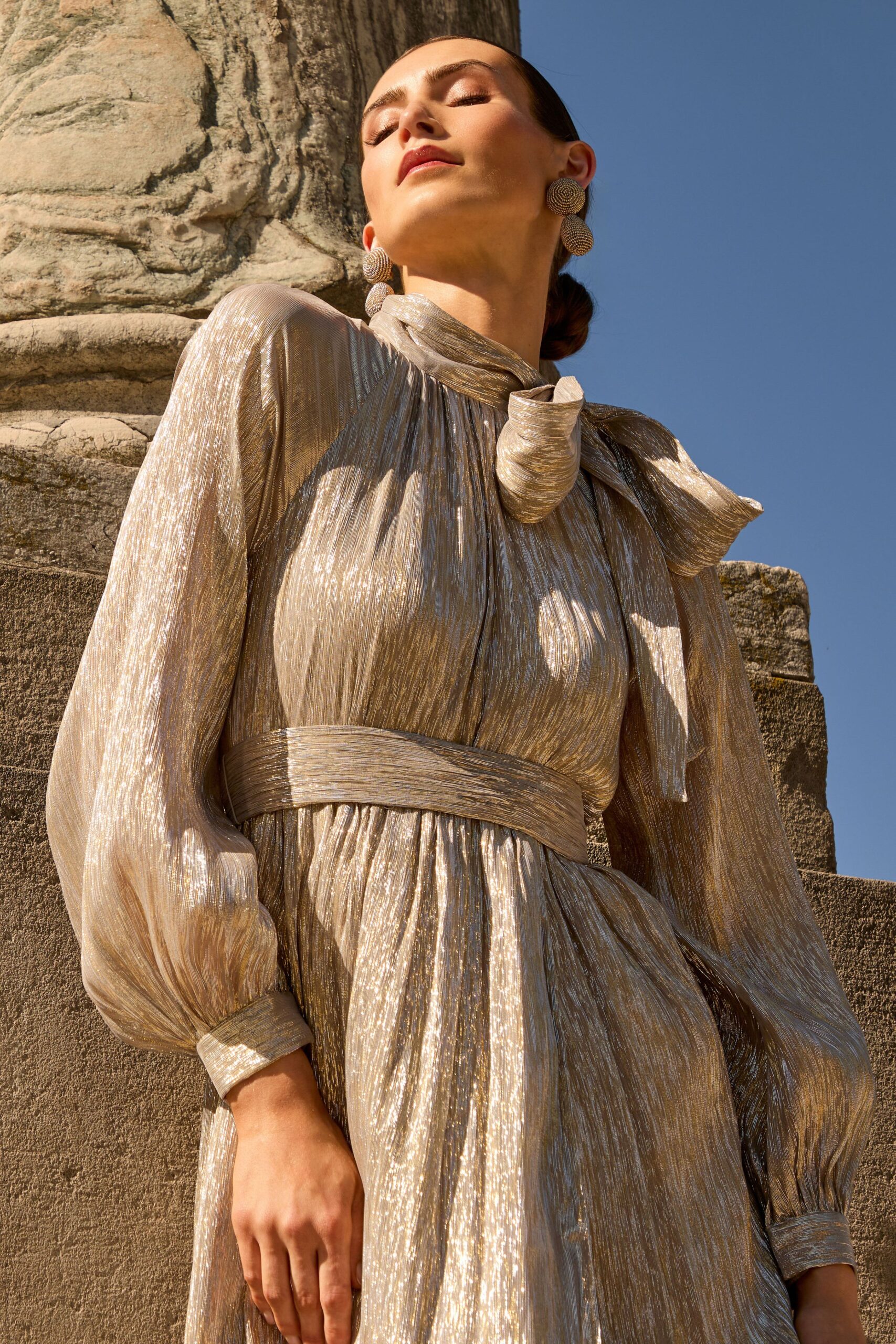 gold silk long-sleeve dress