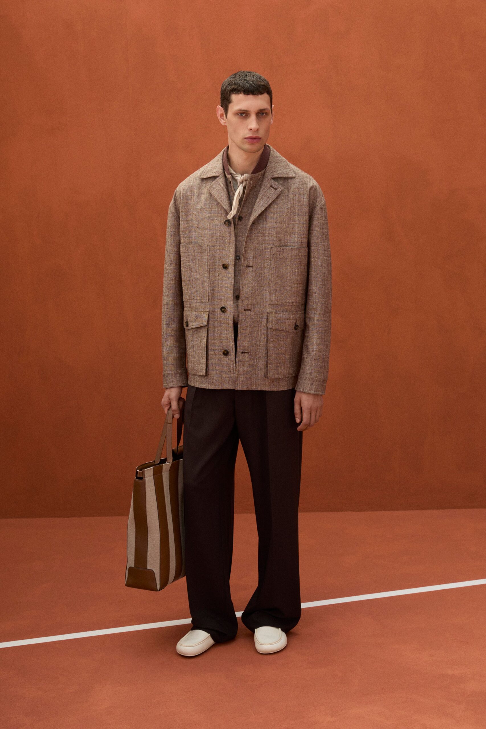 brown tweed long-sleeve collared relaxed buttoned jacket