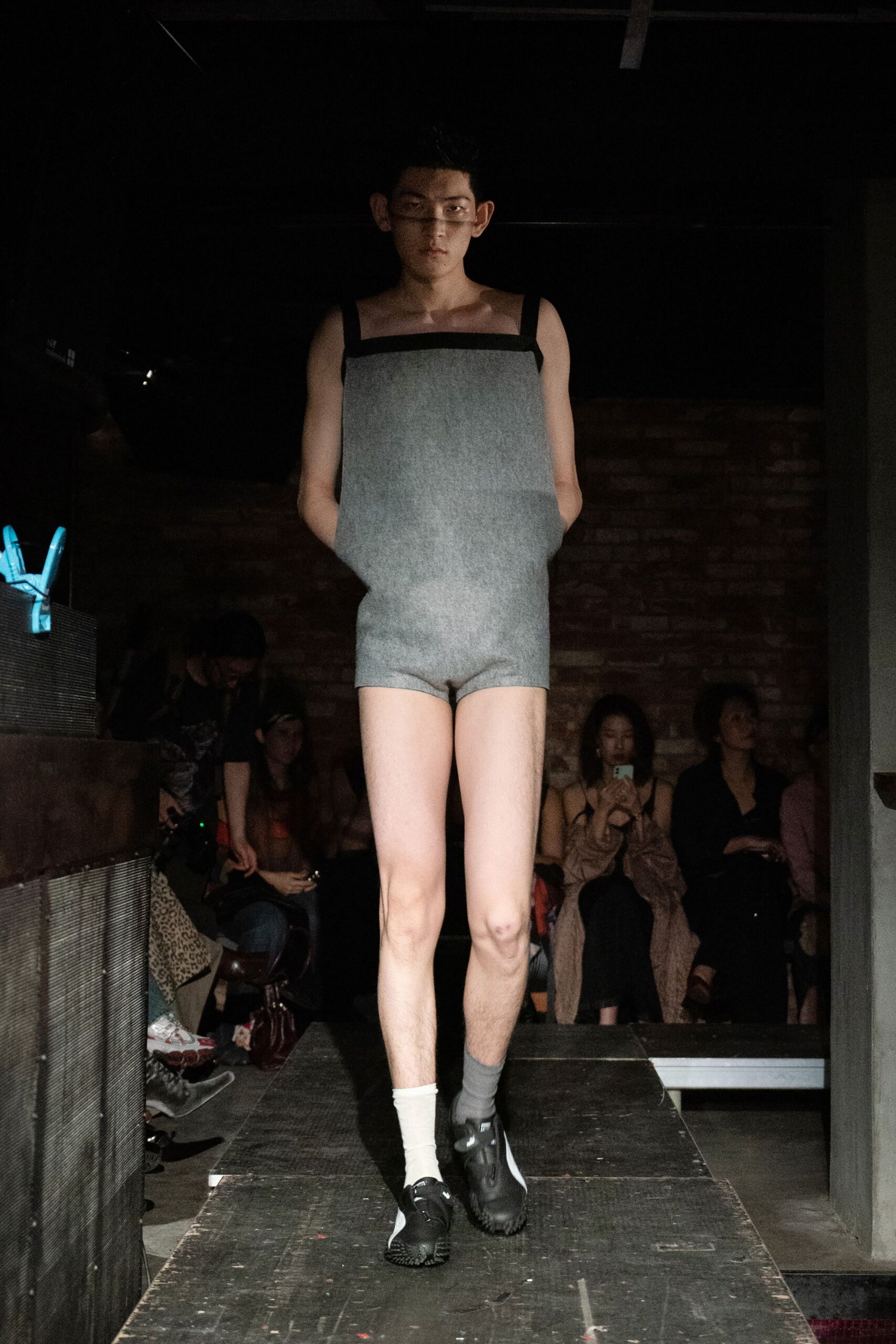 gray wool sleeveless square-neck fitted romper