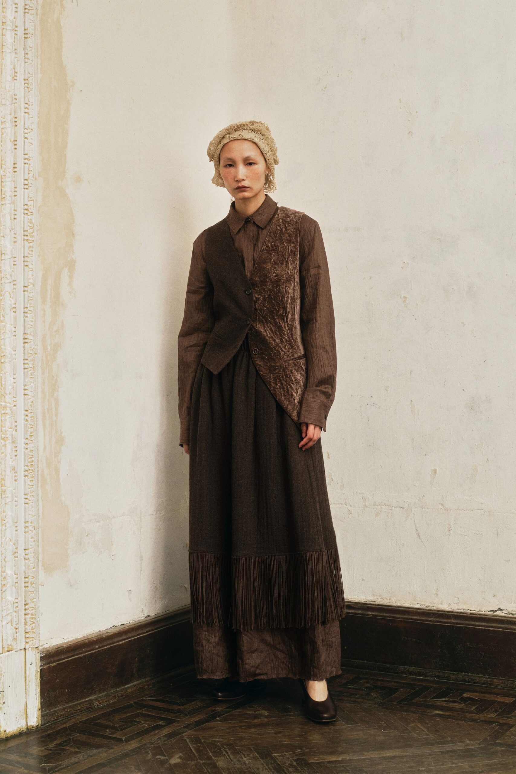 brown cotton relaxed tiered fringed maxi skirt
