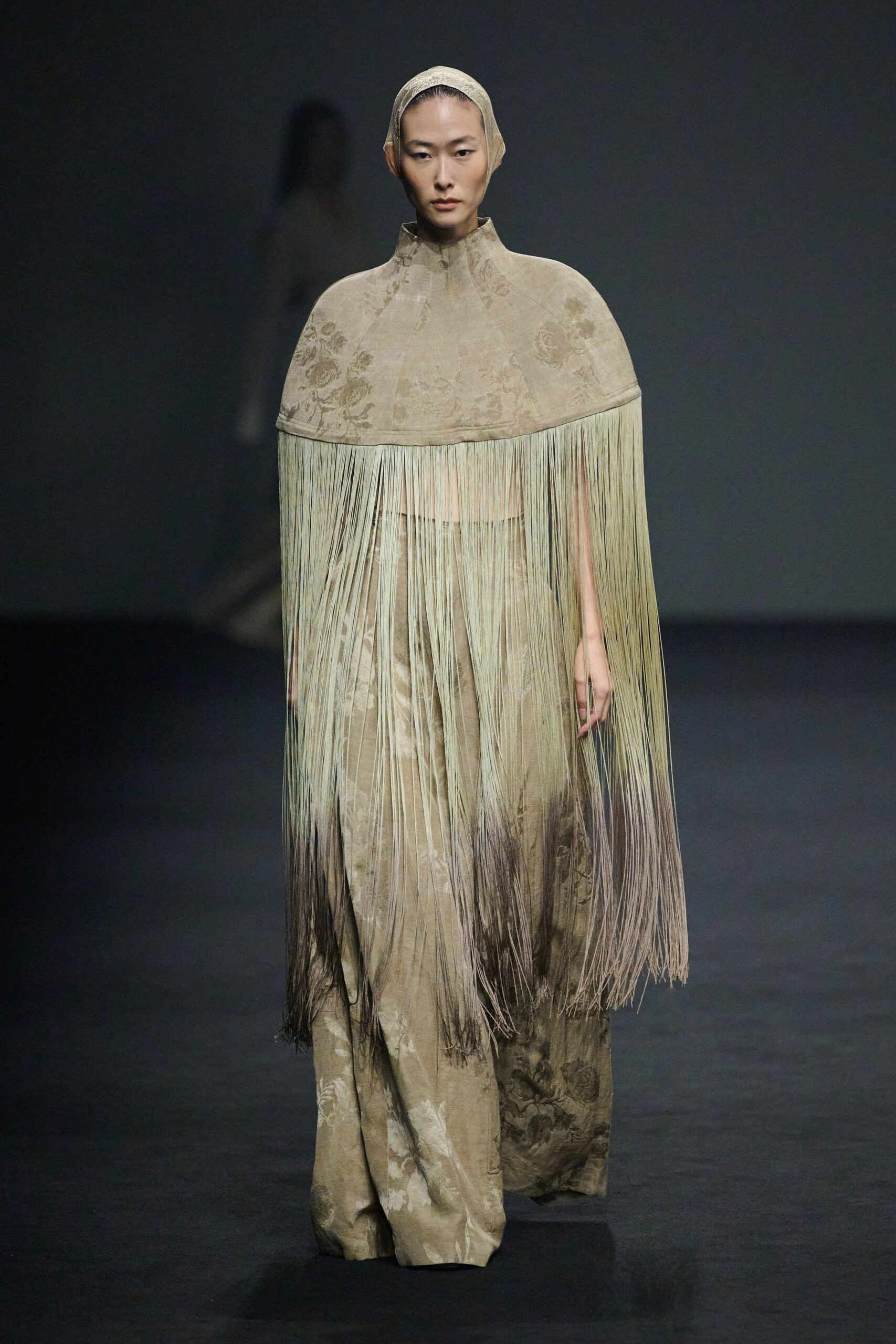 beige silk fringed gown