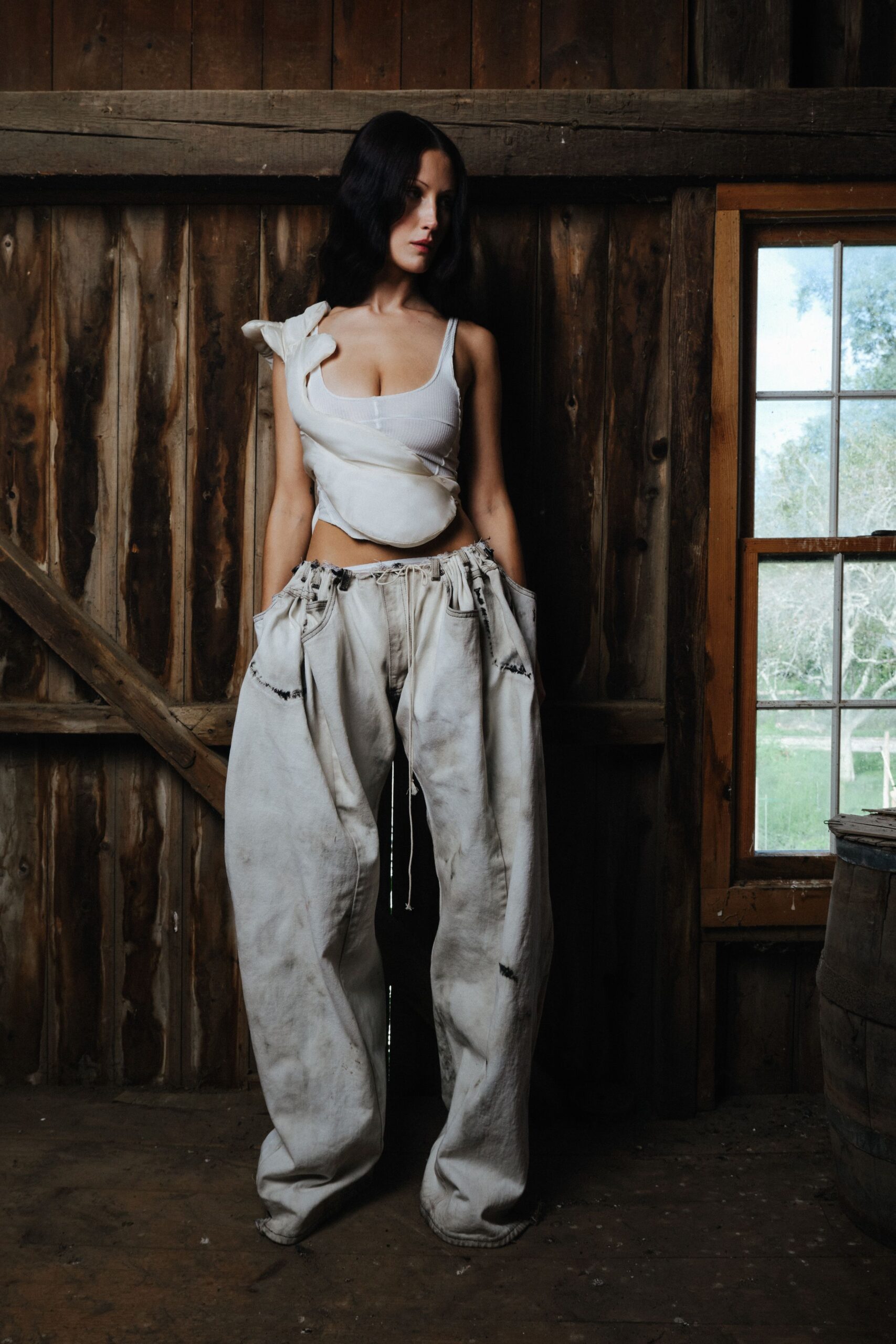 white fitted top and relaxed pants