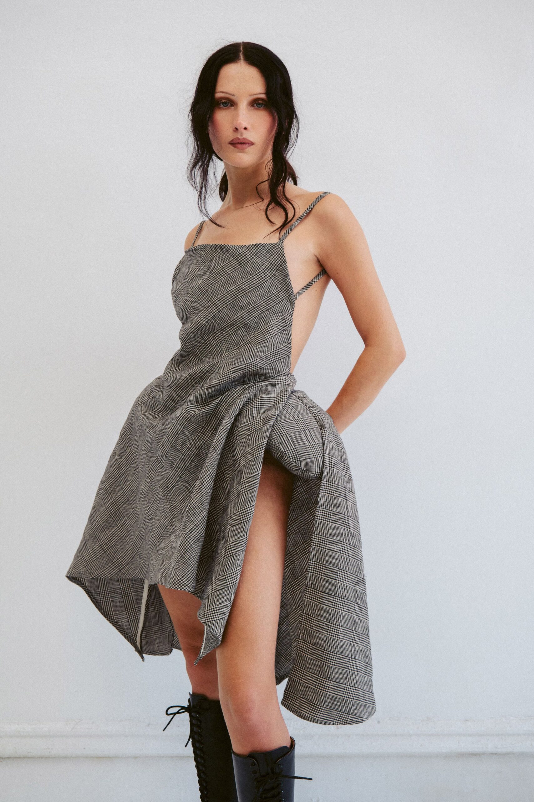 gray cotton sleeveless v-neck fitted pleated midi dress