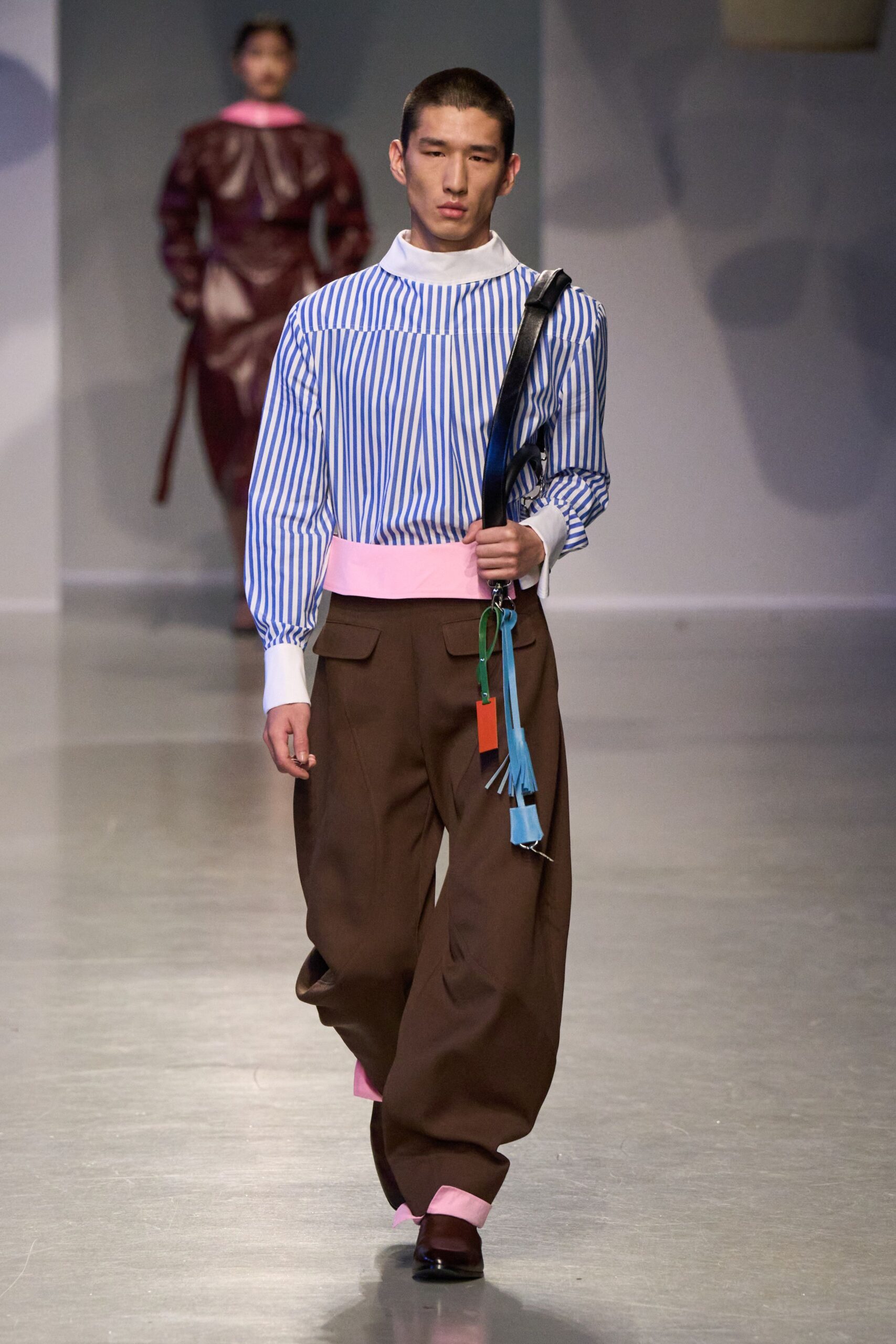 blue striped shirt brown wide-leg pants