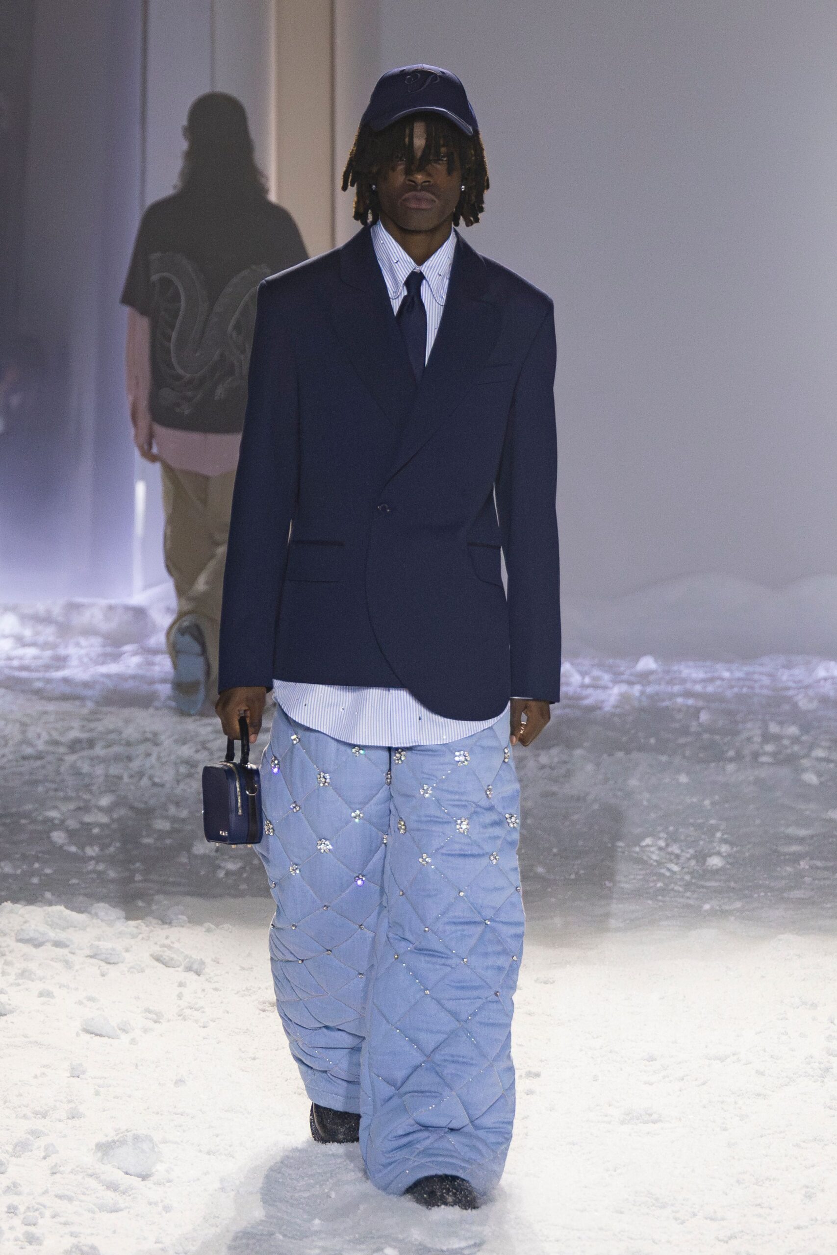 blue blazer with quilted pants
