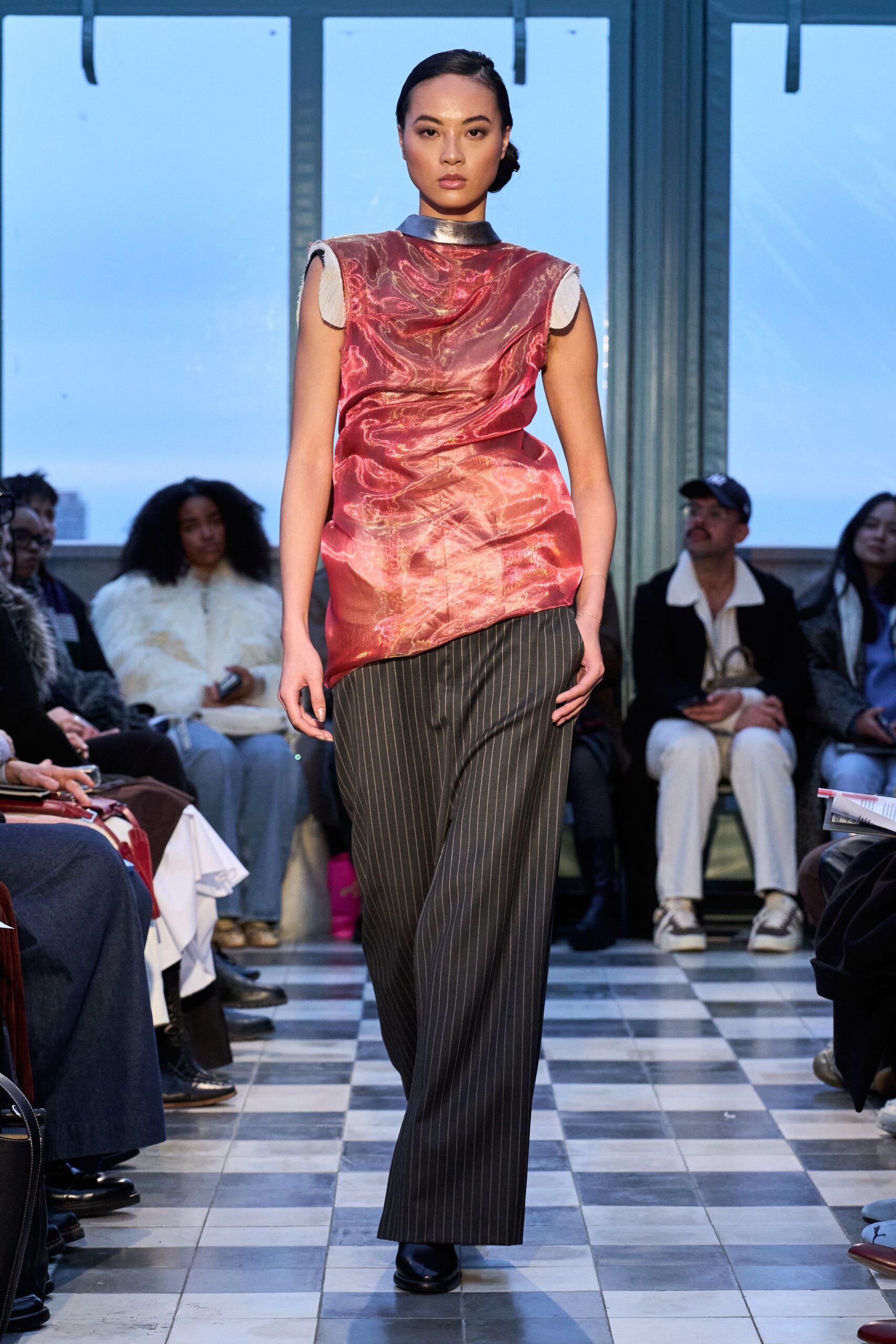 red silk sleeveless high-neck relaxed draped shiny top