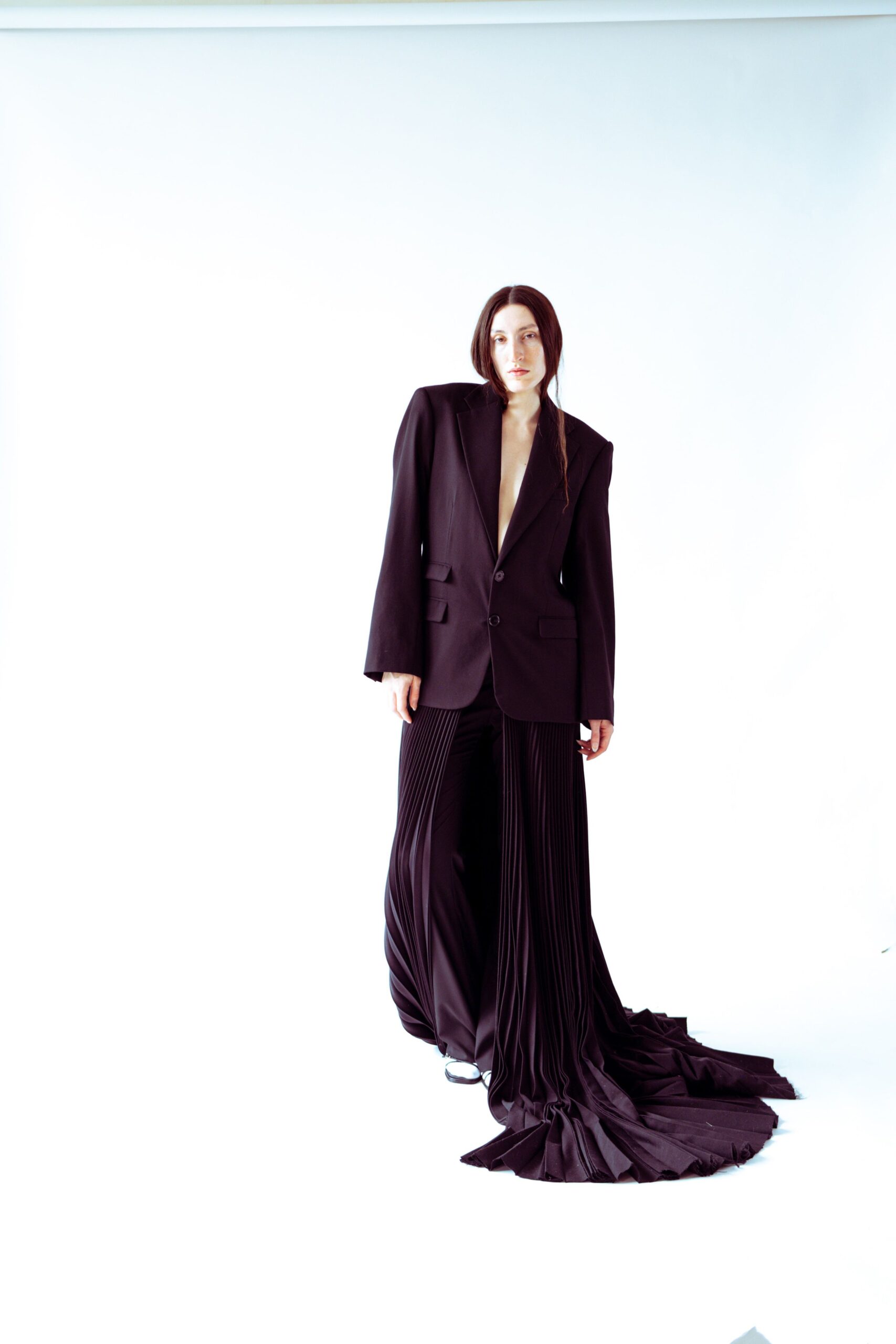 black structured blazer and fitted pants