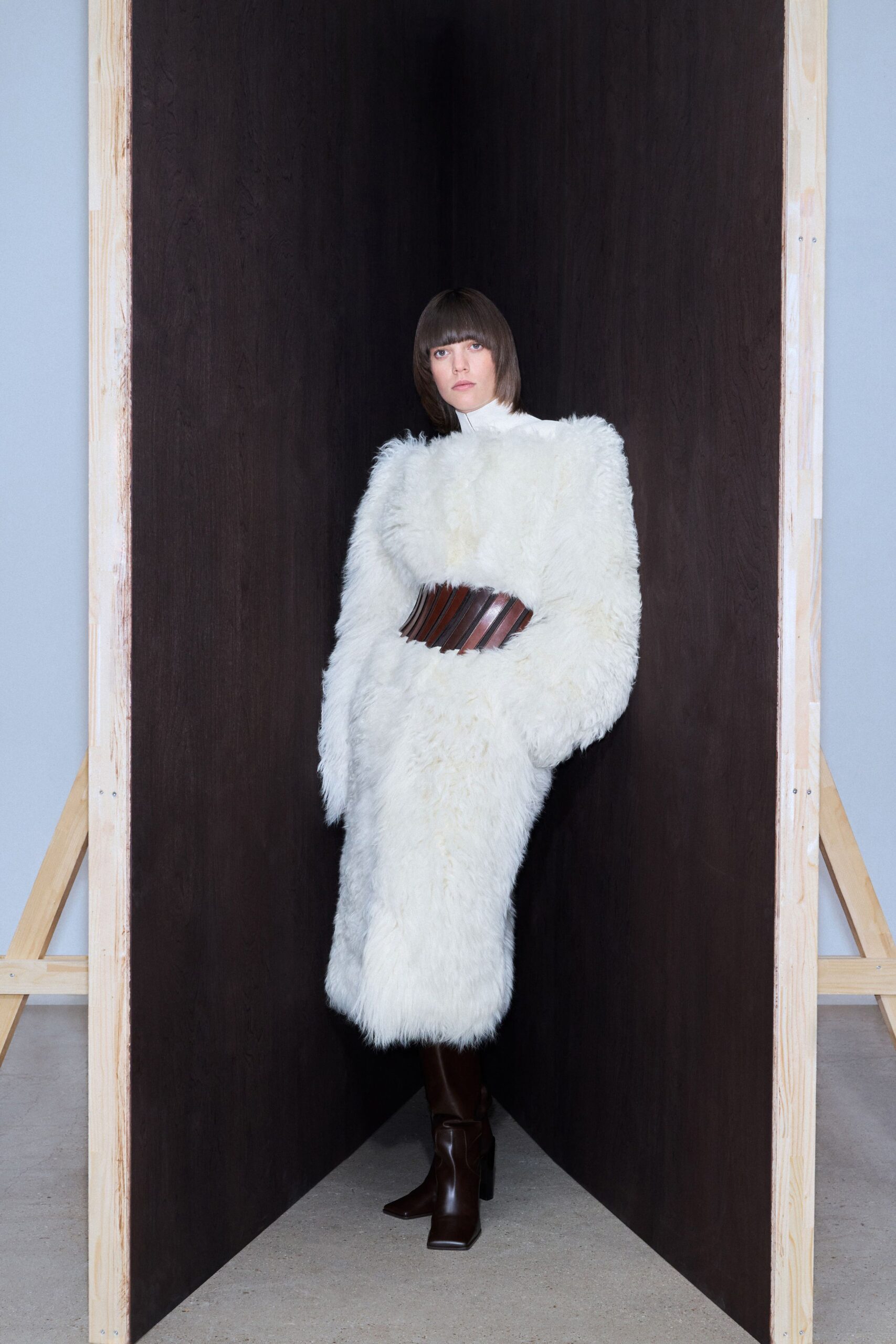 white faux-fur long-sleeve high-neck relaxed belted midi dress
