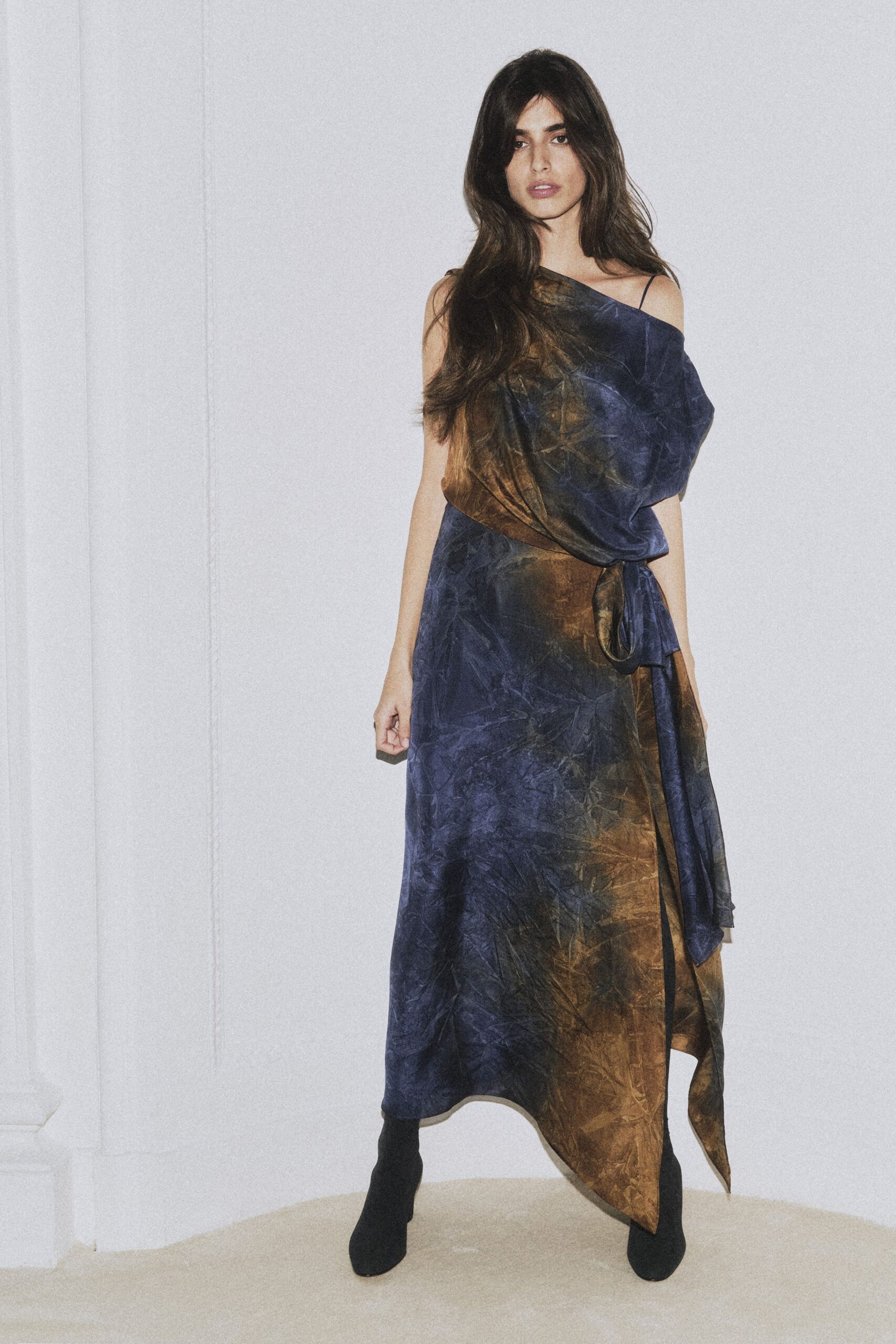 blue and brown draped maxi dress