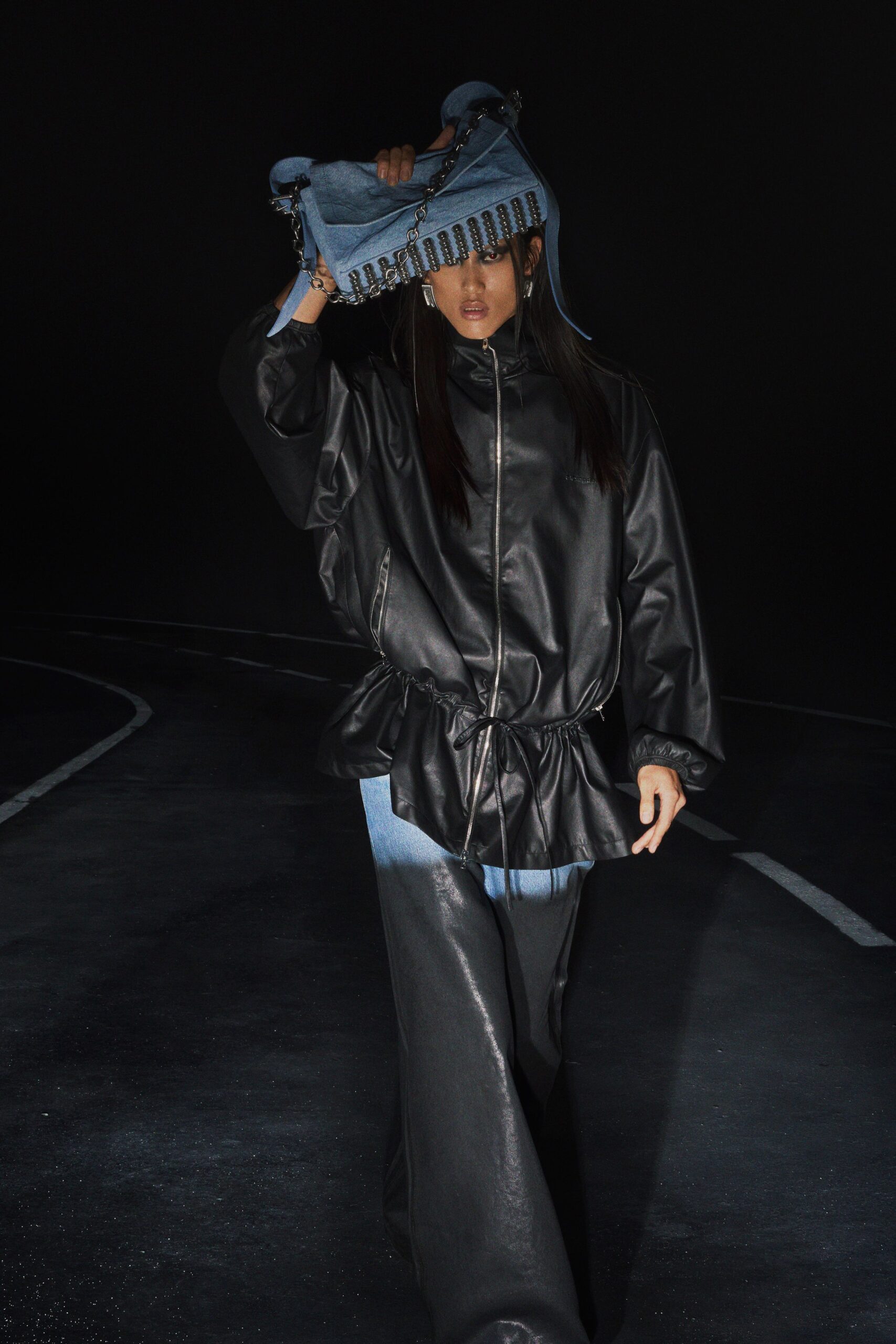 black leather jacket with denim pants