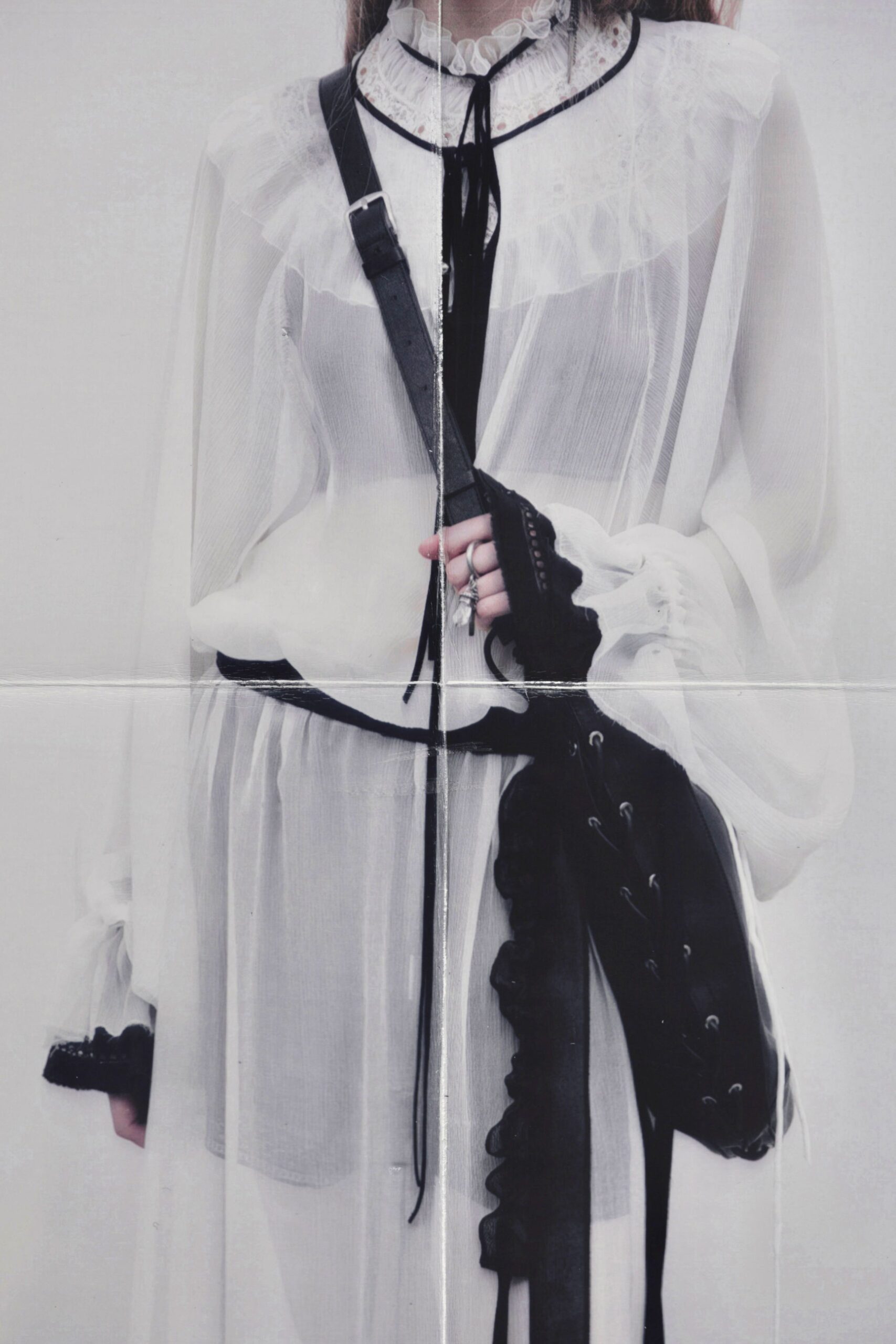 white chiffon long-sleeve collared relaxed ruffled sheer blouse
