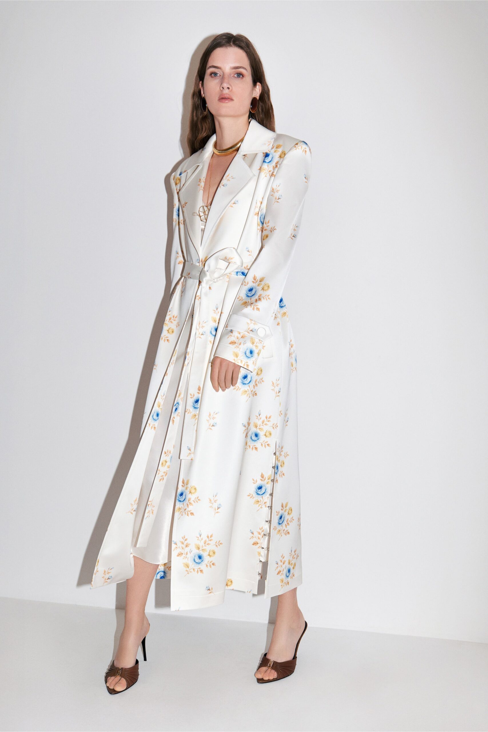 white silk long-sleeve collared fitted belted floral dress