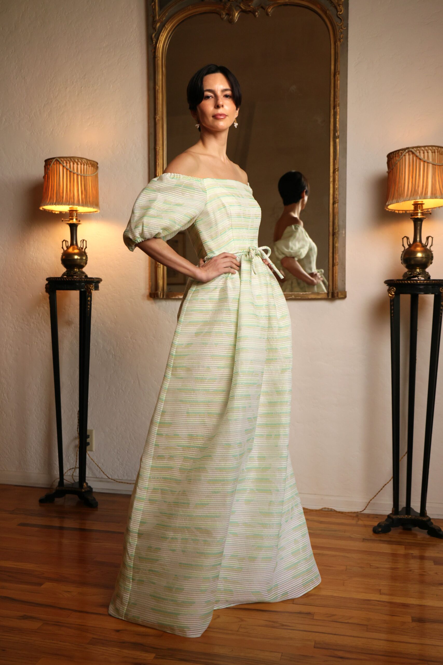 green and white off-shoulder gown