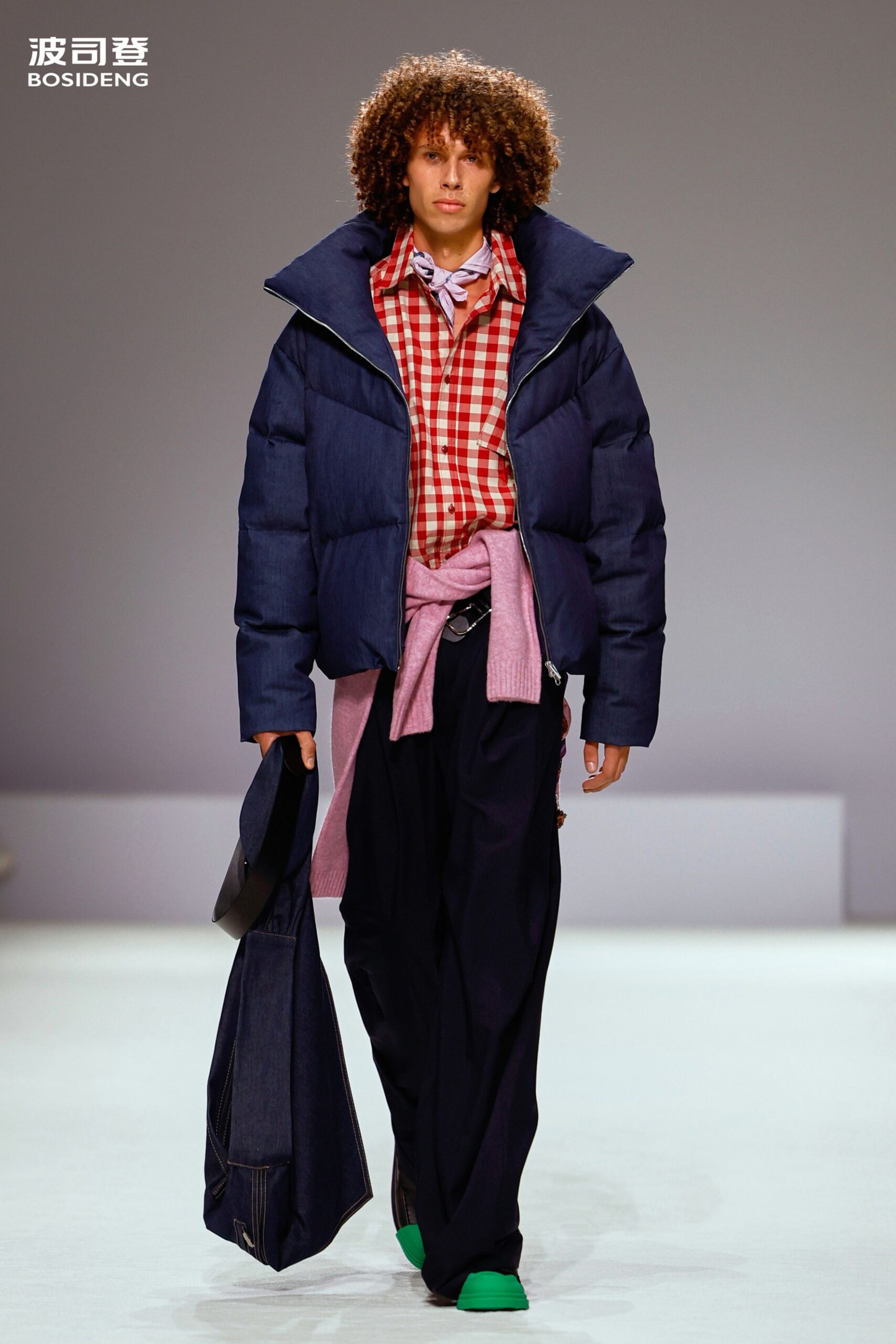 blue cotton long-sleeve collared oversized padded jacket
