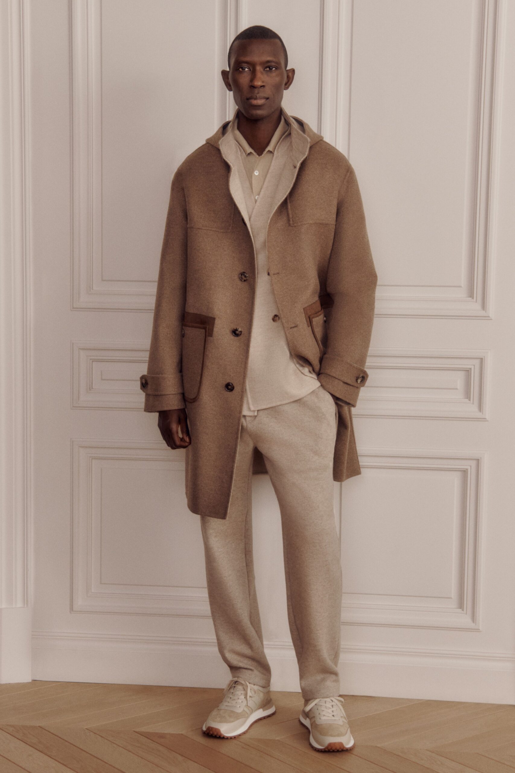 brown wool coat with beige shirt and pants