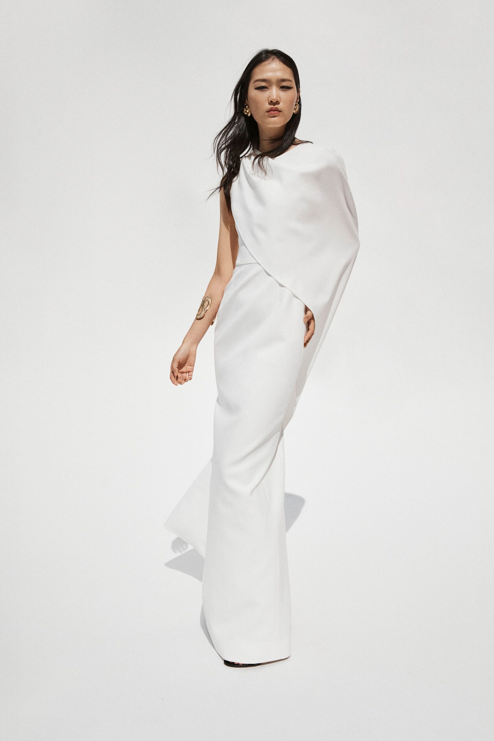 white silk asymmetric gown