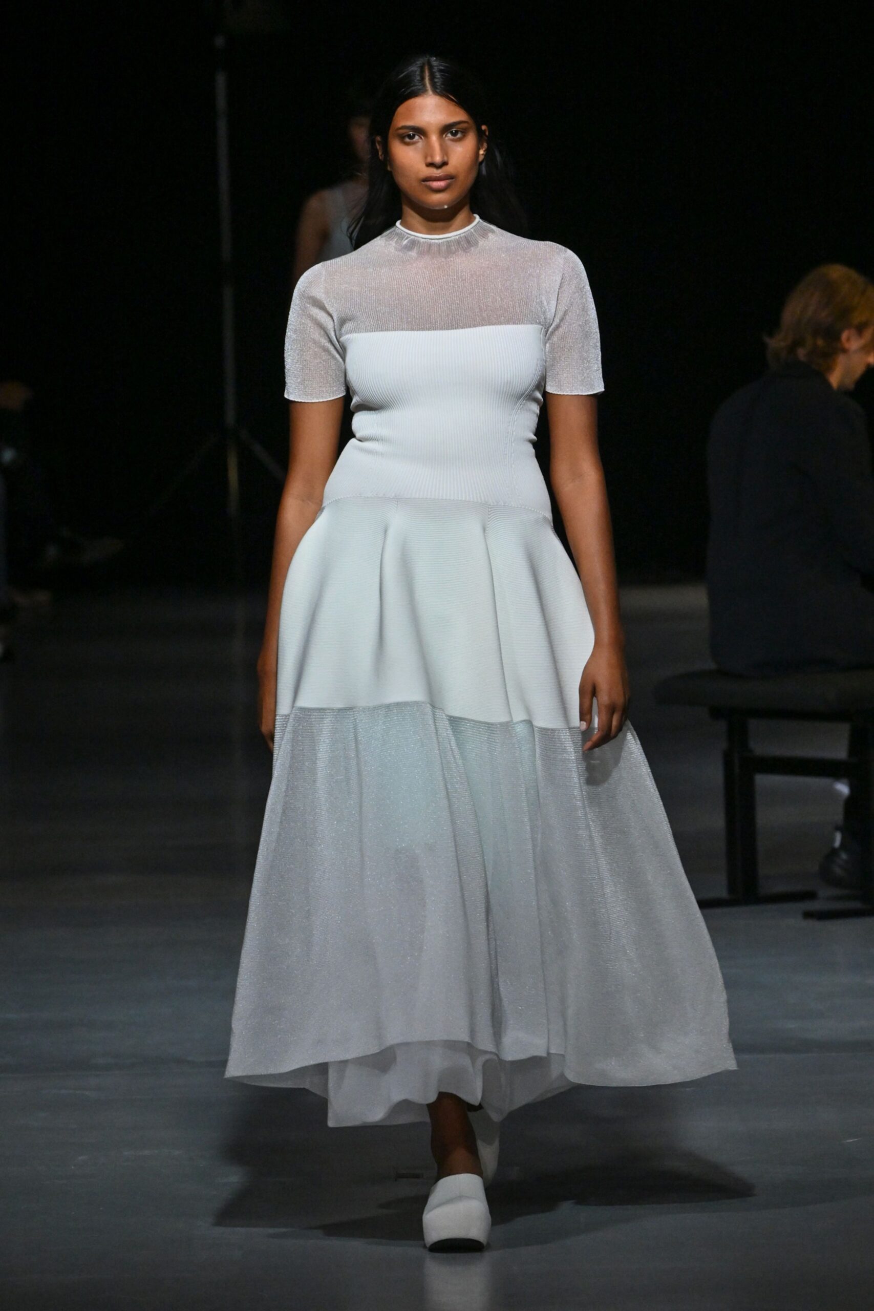 white cotton short-sleeve high-neck fitted pleated layered dress