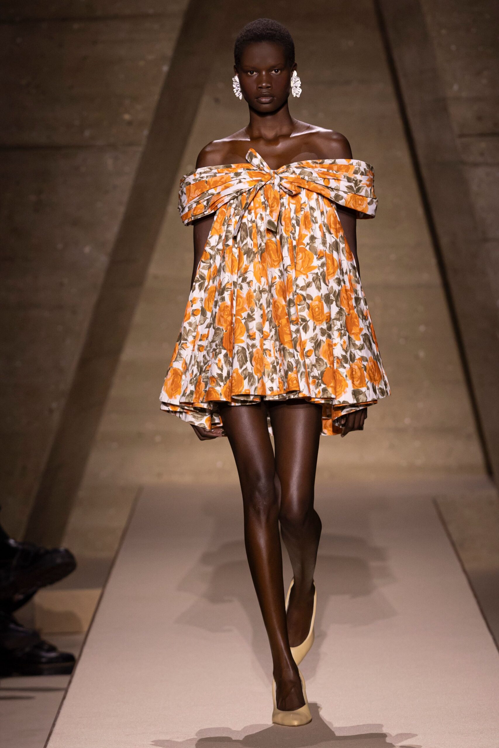 floral mini dress with off-shoulder design