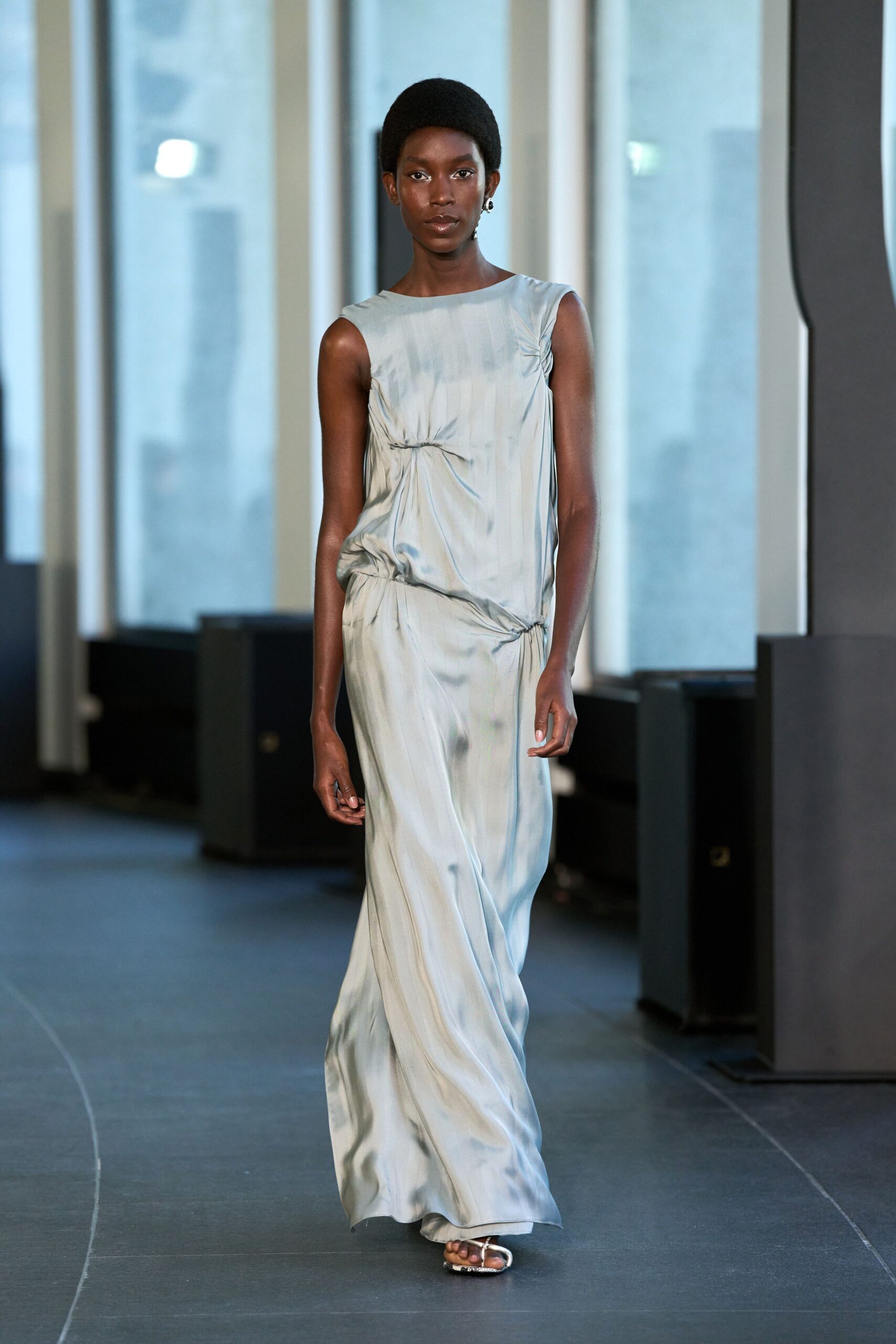 blue silk sleeveless gown