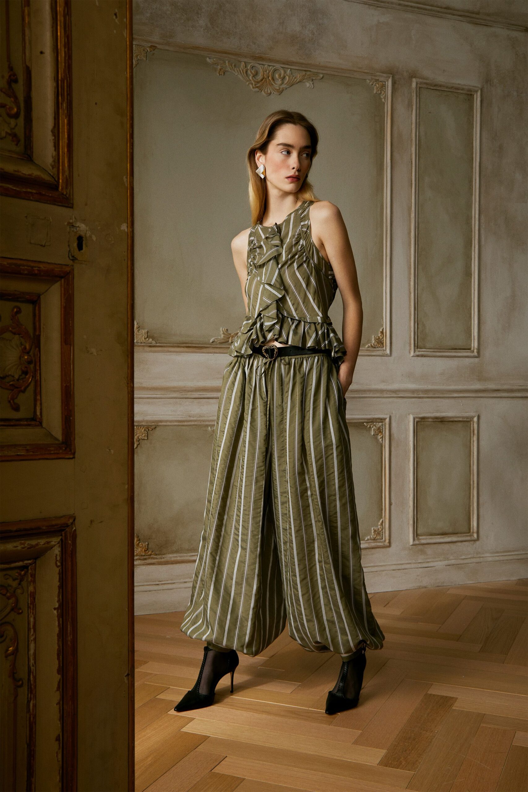 green cotton sleeveless v-neck relaxed striped pleated jumpsuit