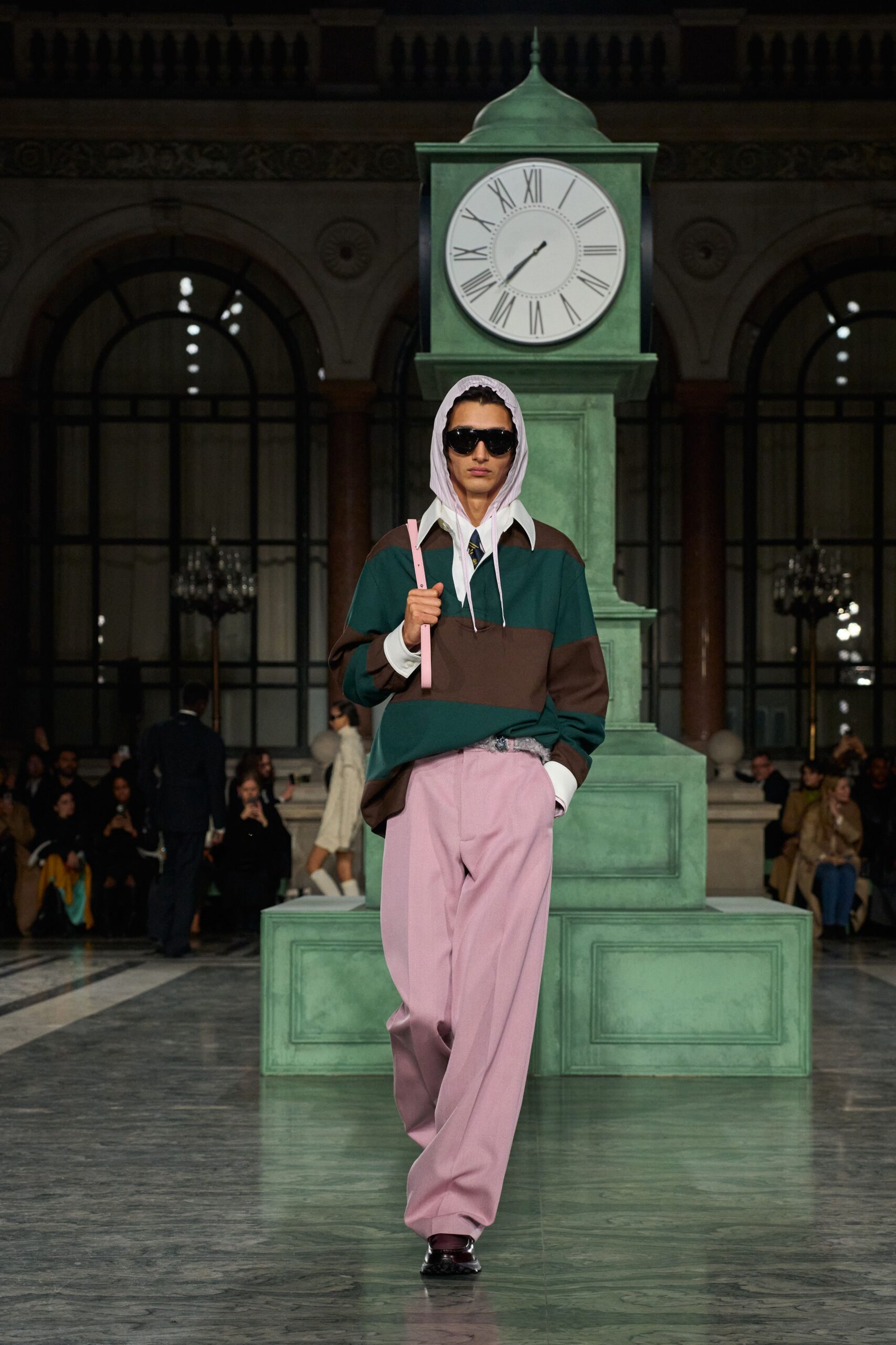 relaxed green hoodie with pink pants