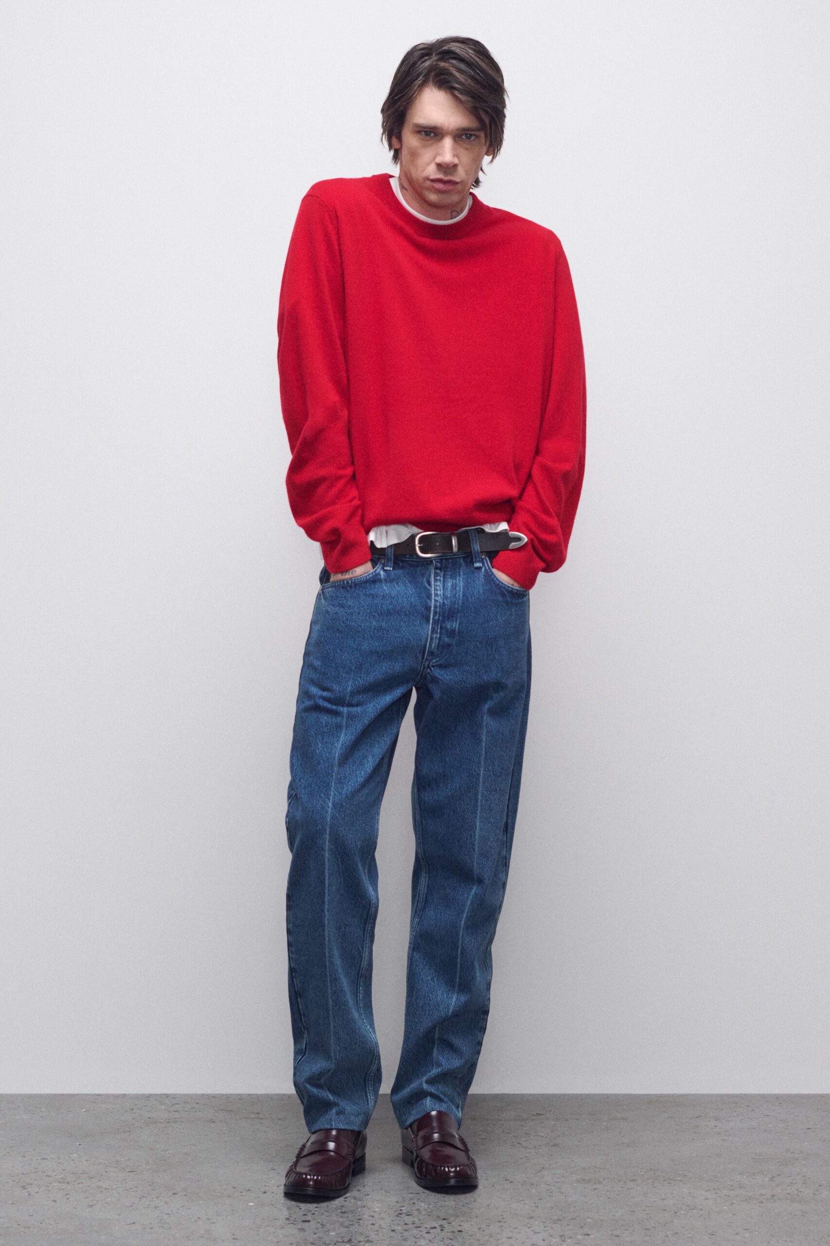 red wool long-sleeve high-neck relaxed sweater