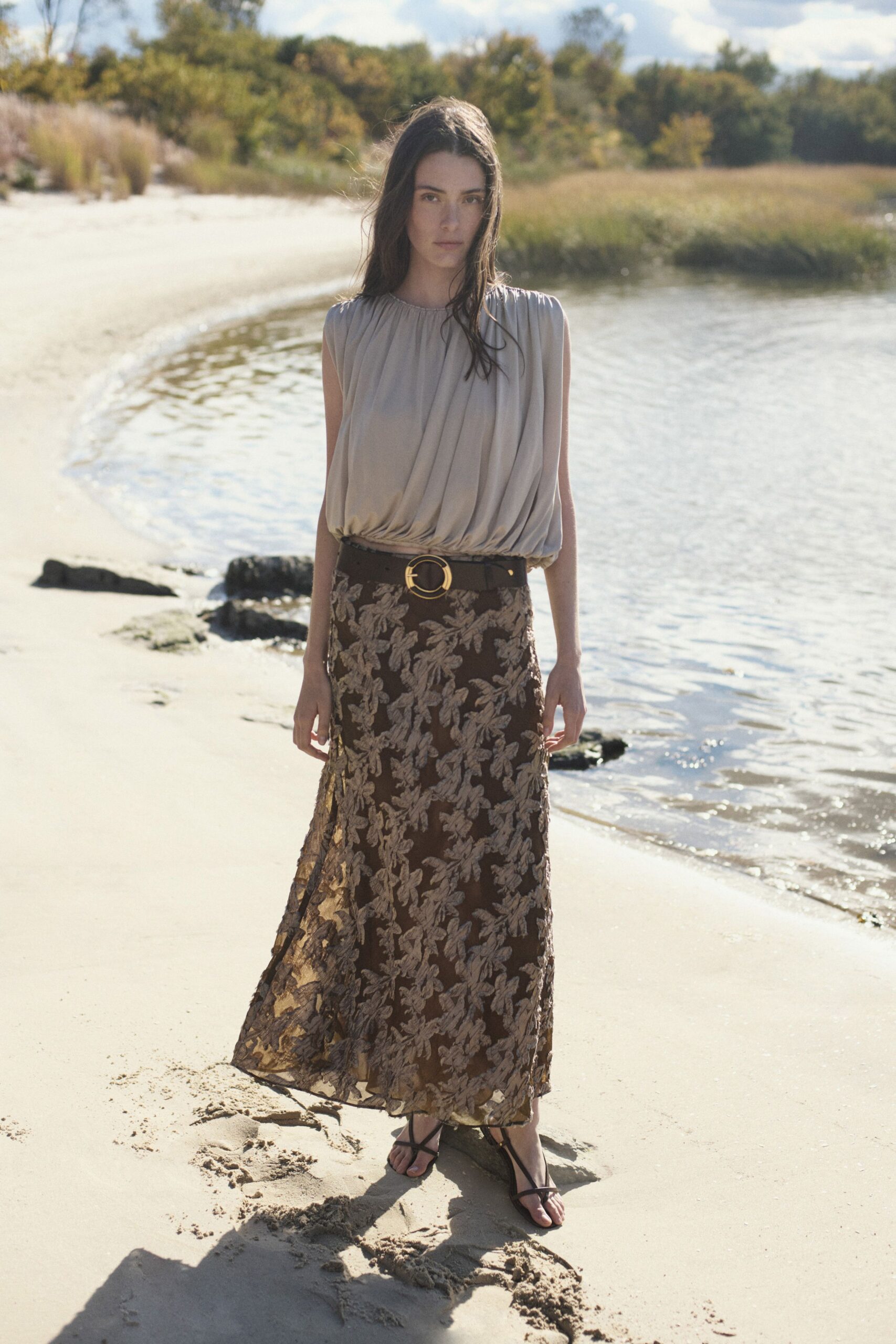 brown lace fitted flared embroidered maxi skirt