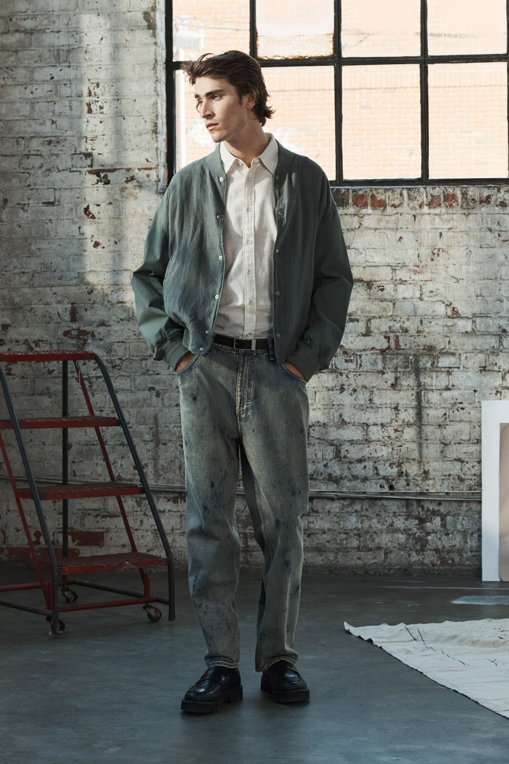 relaxed green jacket with white shirt