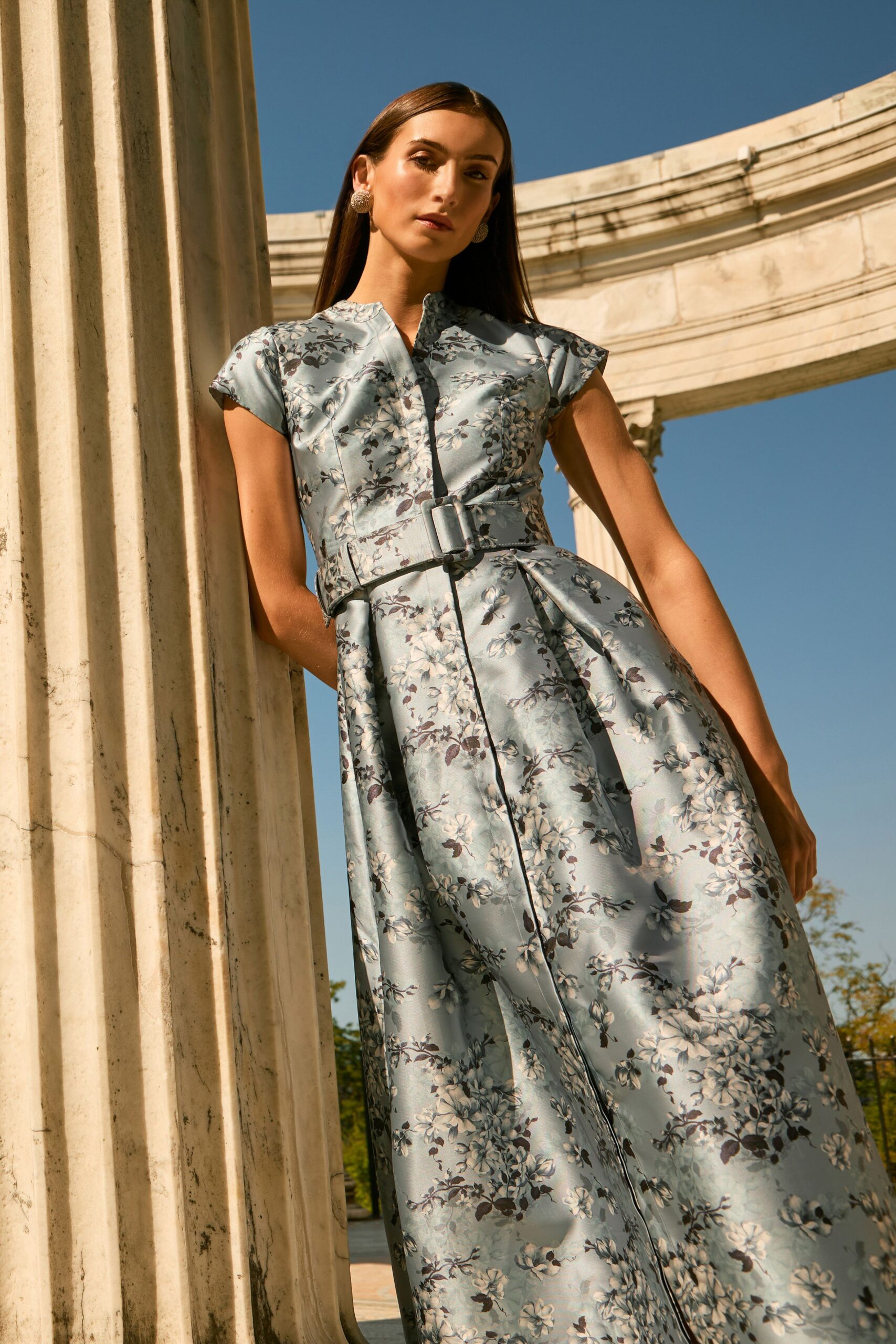 blue floral belted gown