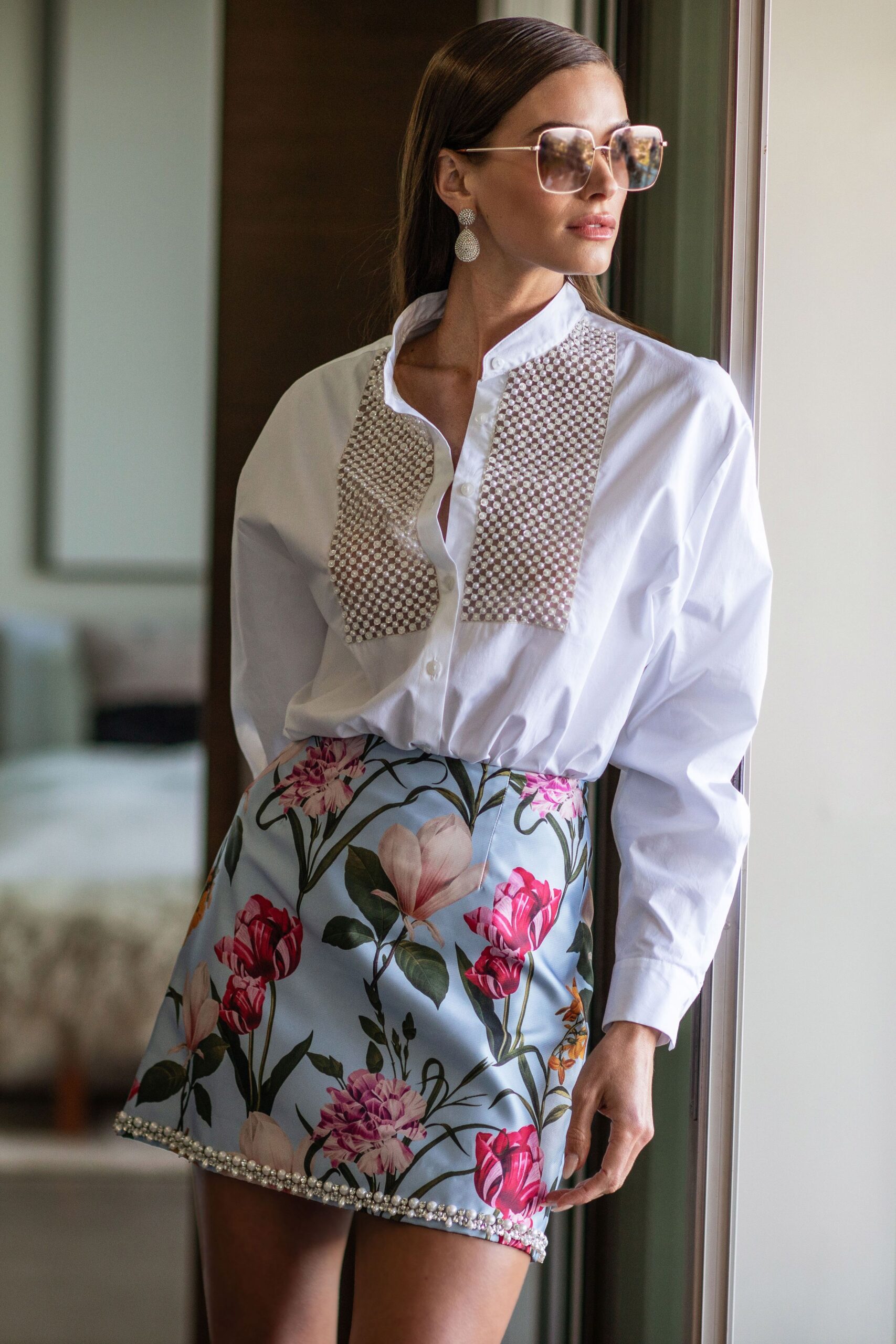 blue silk fitted floral flared mini skirt