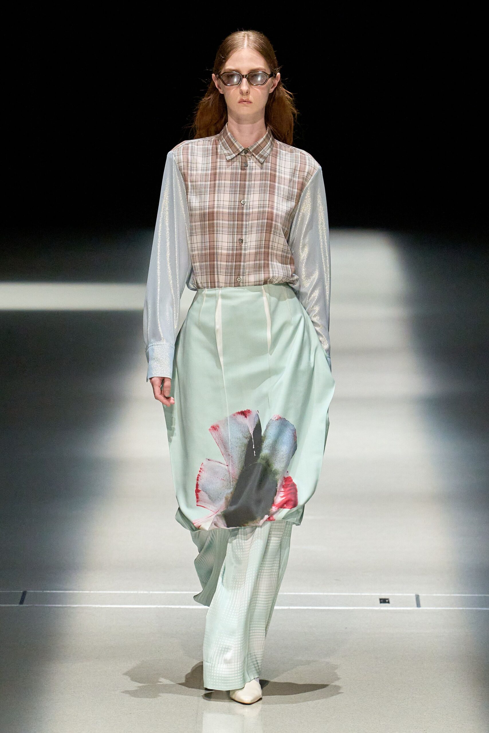 beige checked shirt with mint skirt