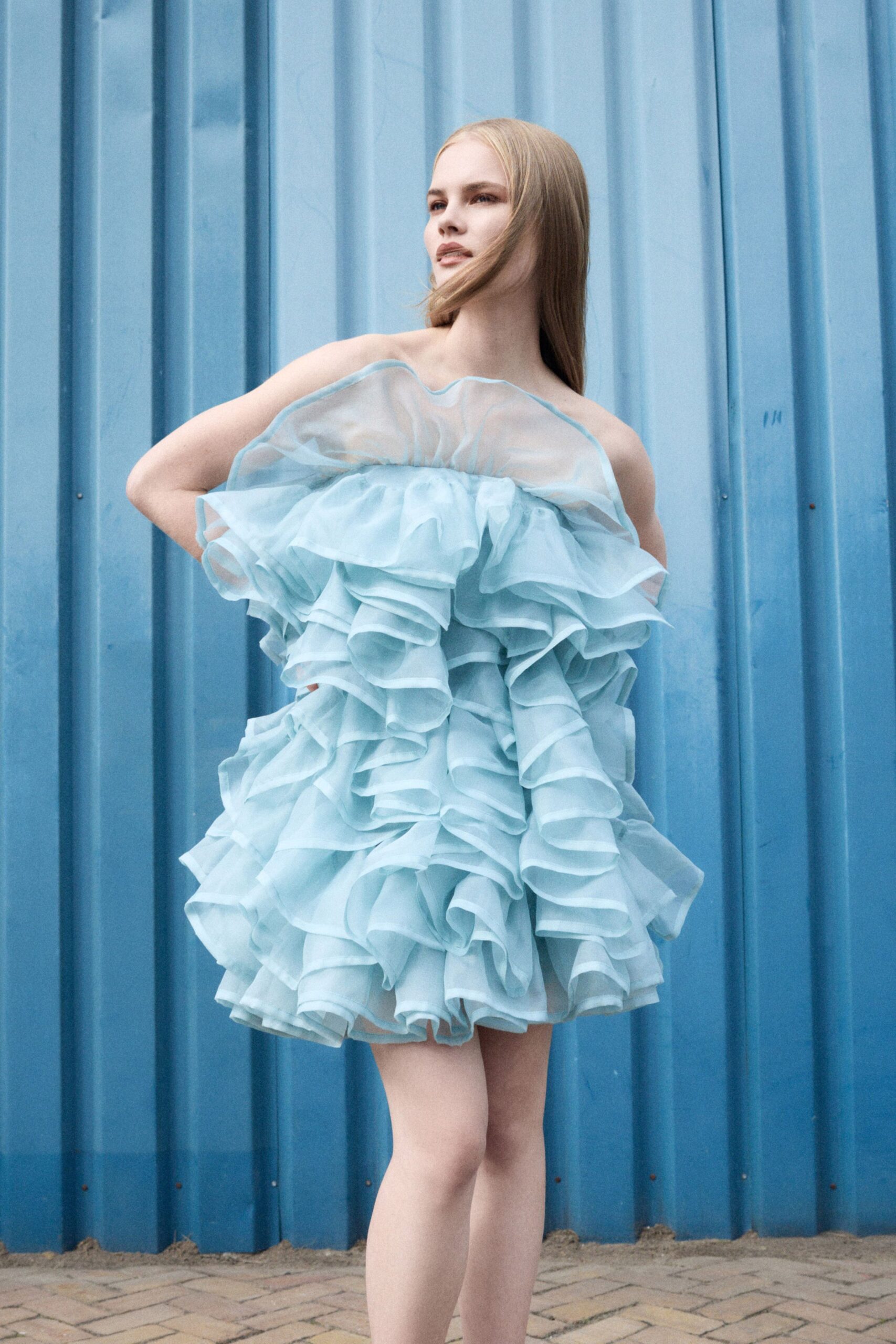 blue ruffled strapless mini dress