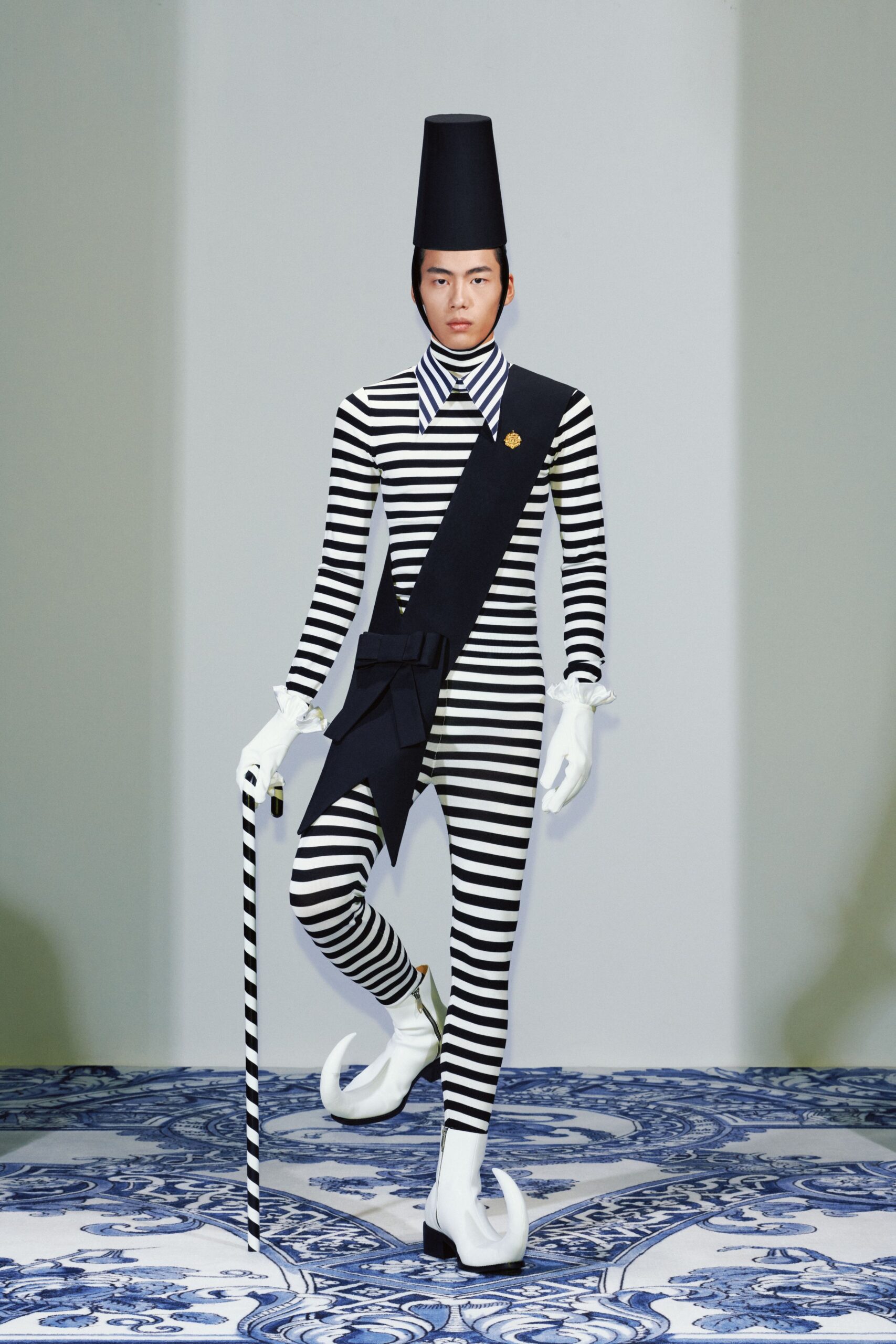 black cotton long-sleeve collared fitted striped catsuit