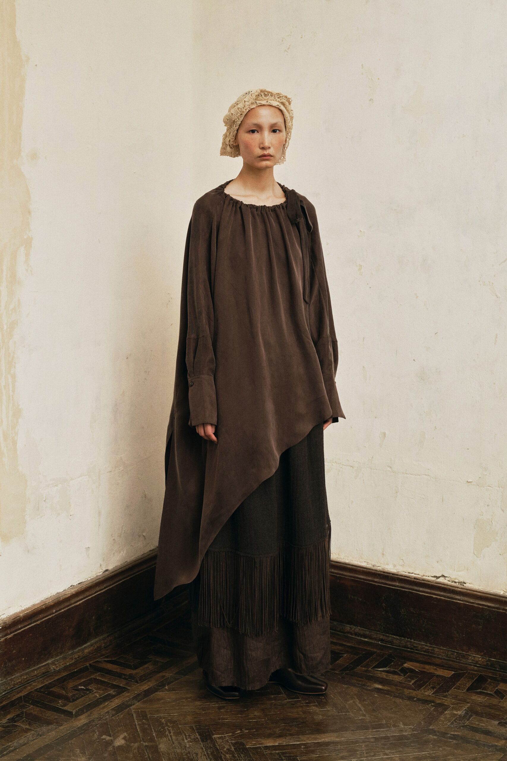 brown suede long-sleeve collared relaxed fringed maxi dress