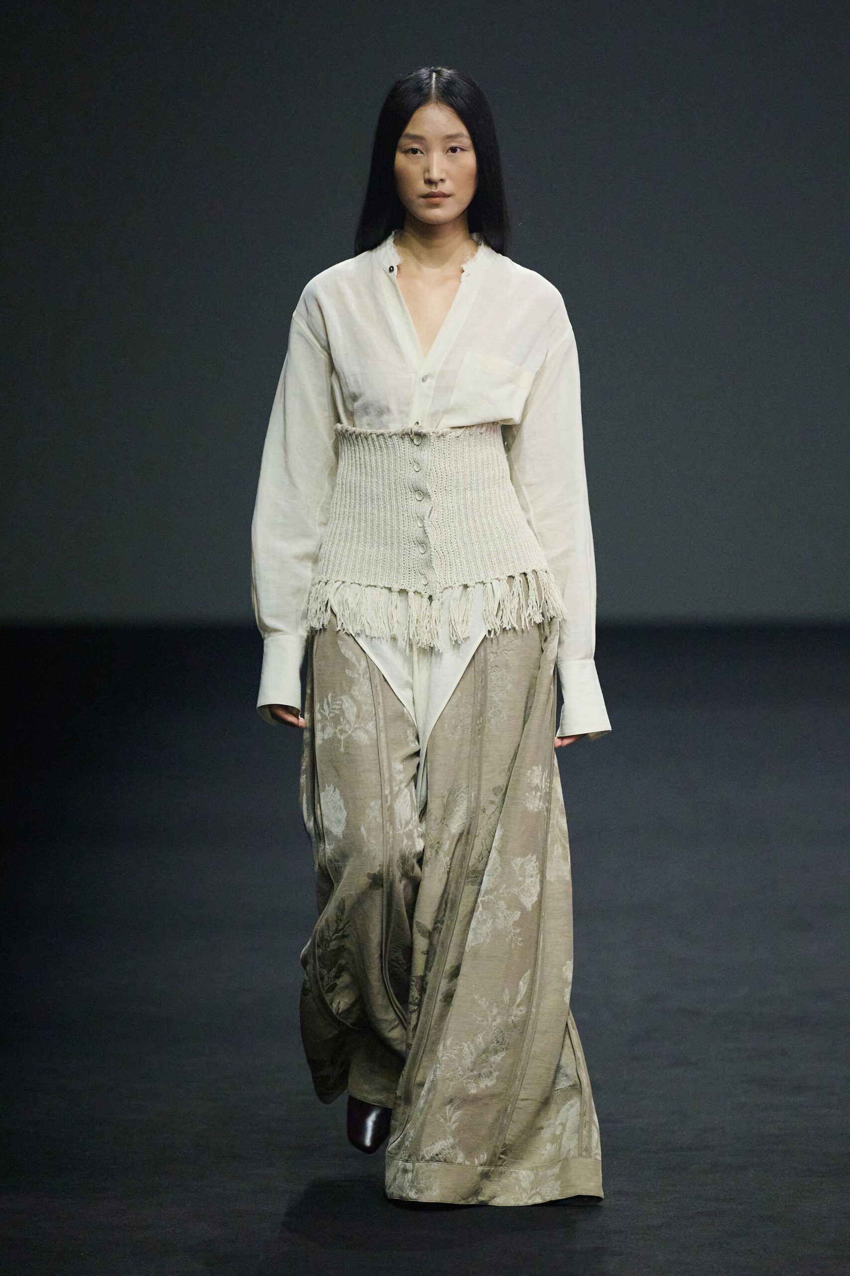 white shirt beige corset pants