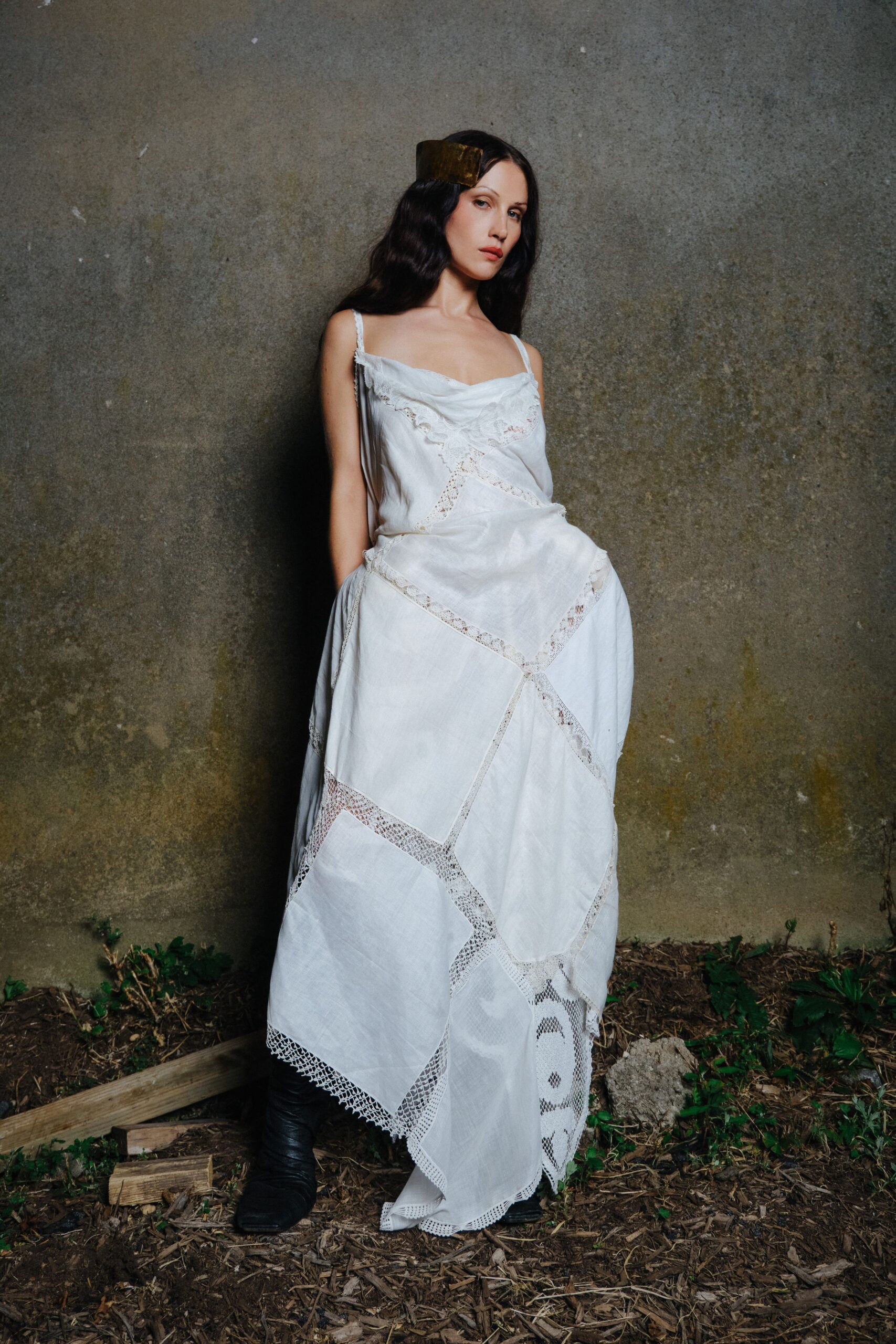 white cotton sleeveless v-neck fitted layered embroidered gown
