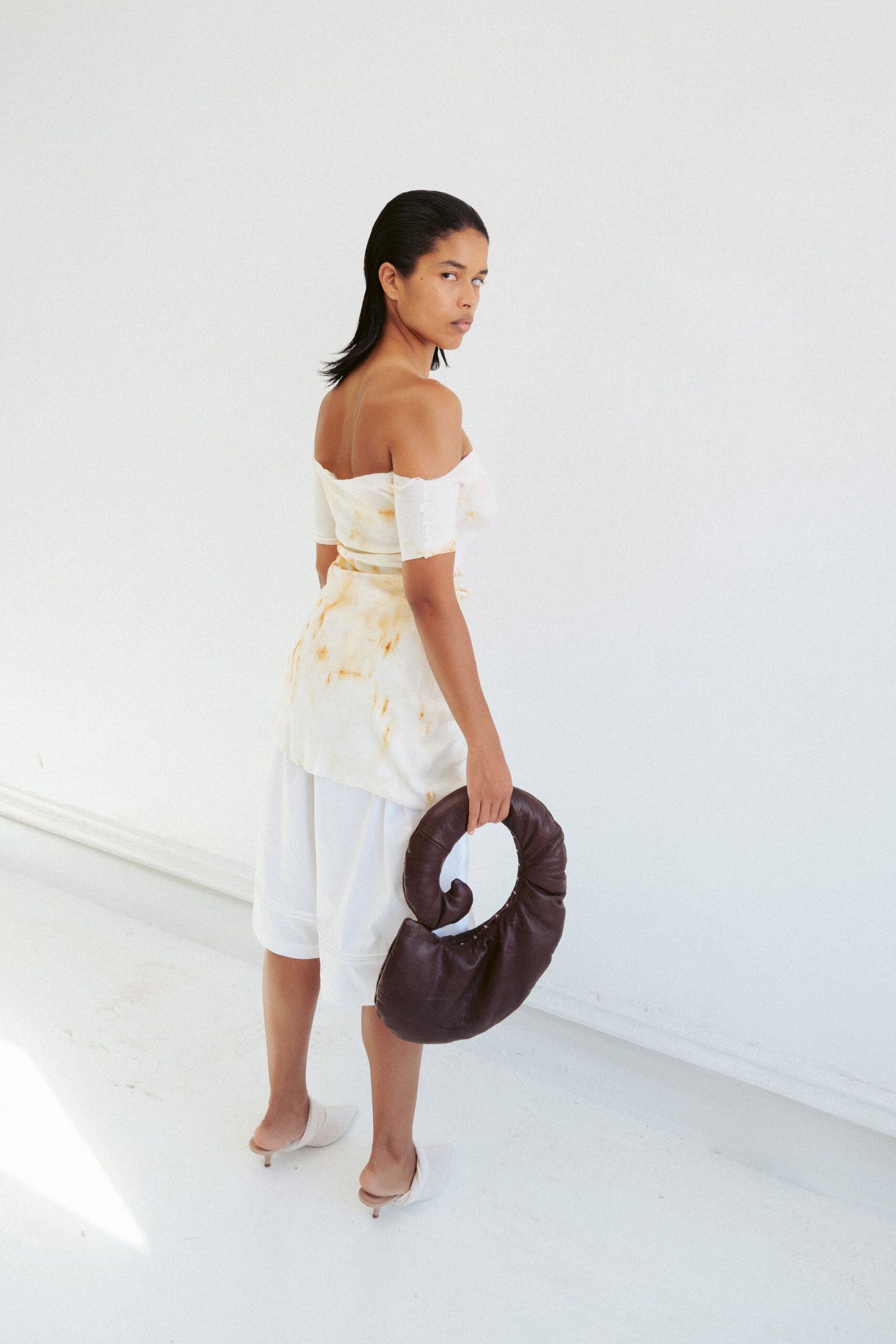 white cotton off-shoulder fitted draped top