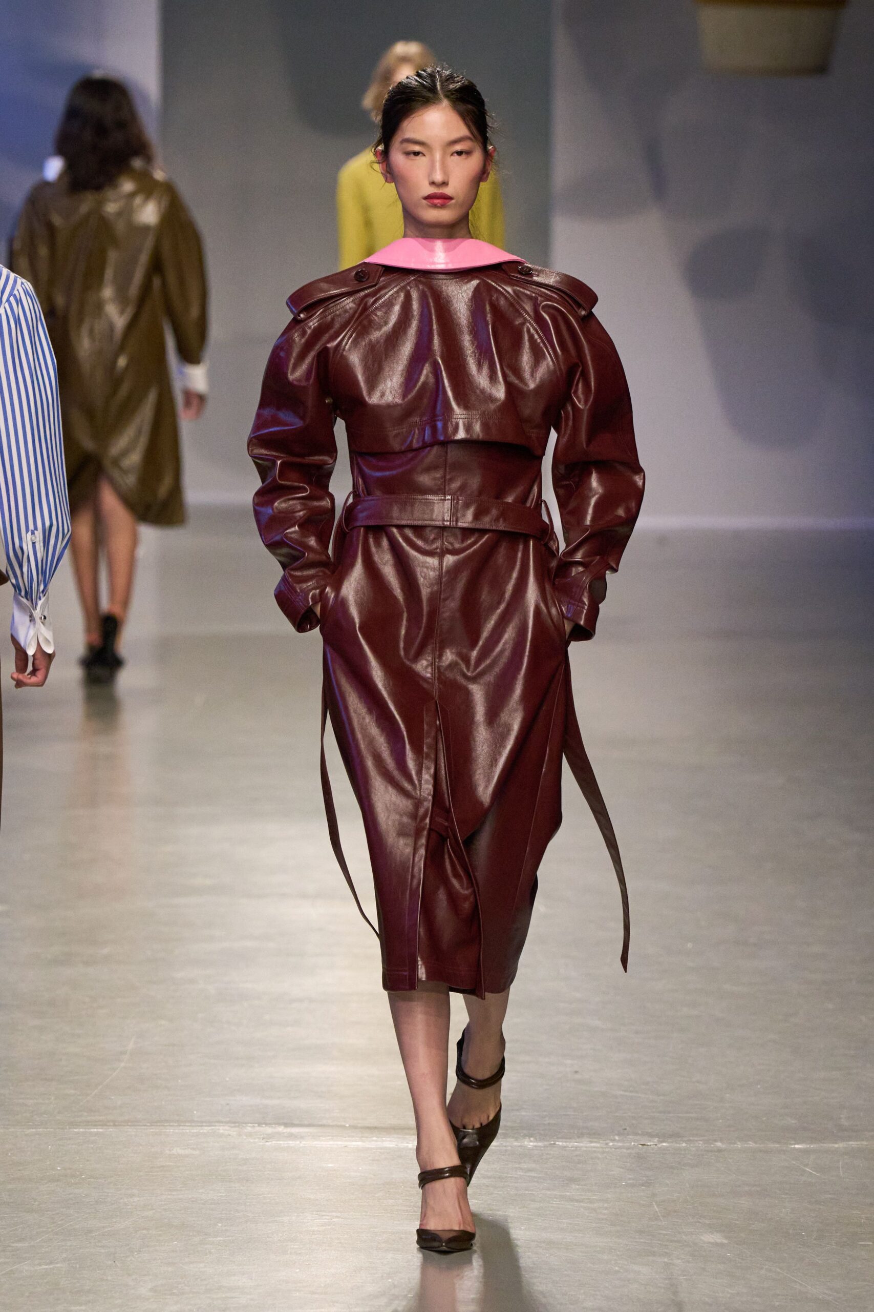 maroon leather long-sleeve collared fitted belted zippered dress