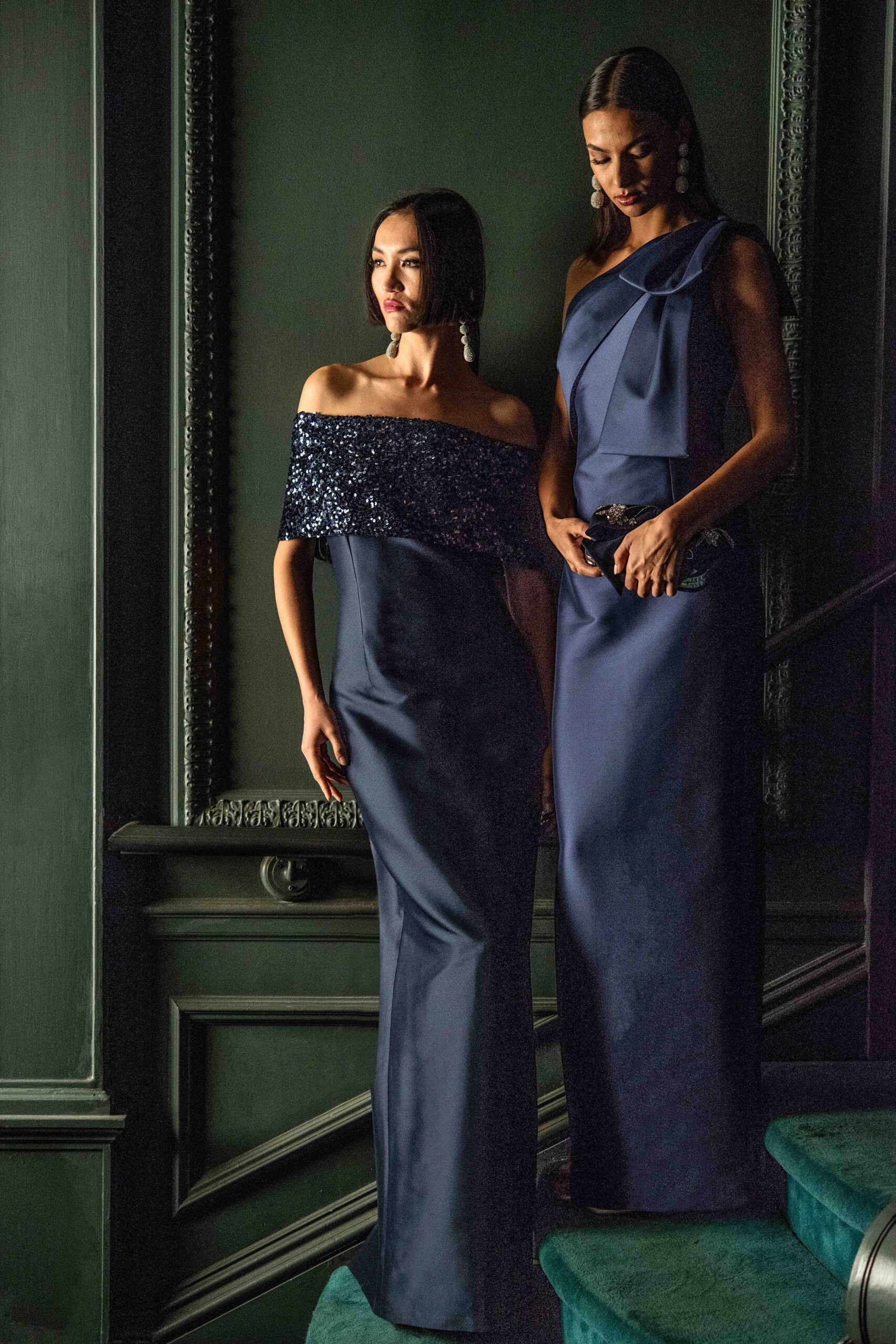 blue silk off-shoulder gowns