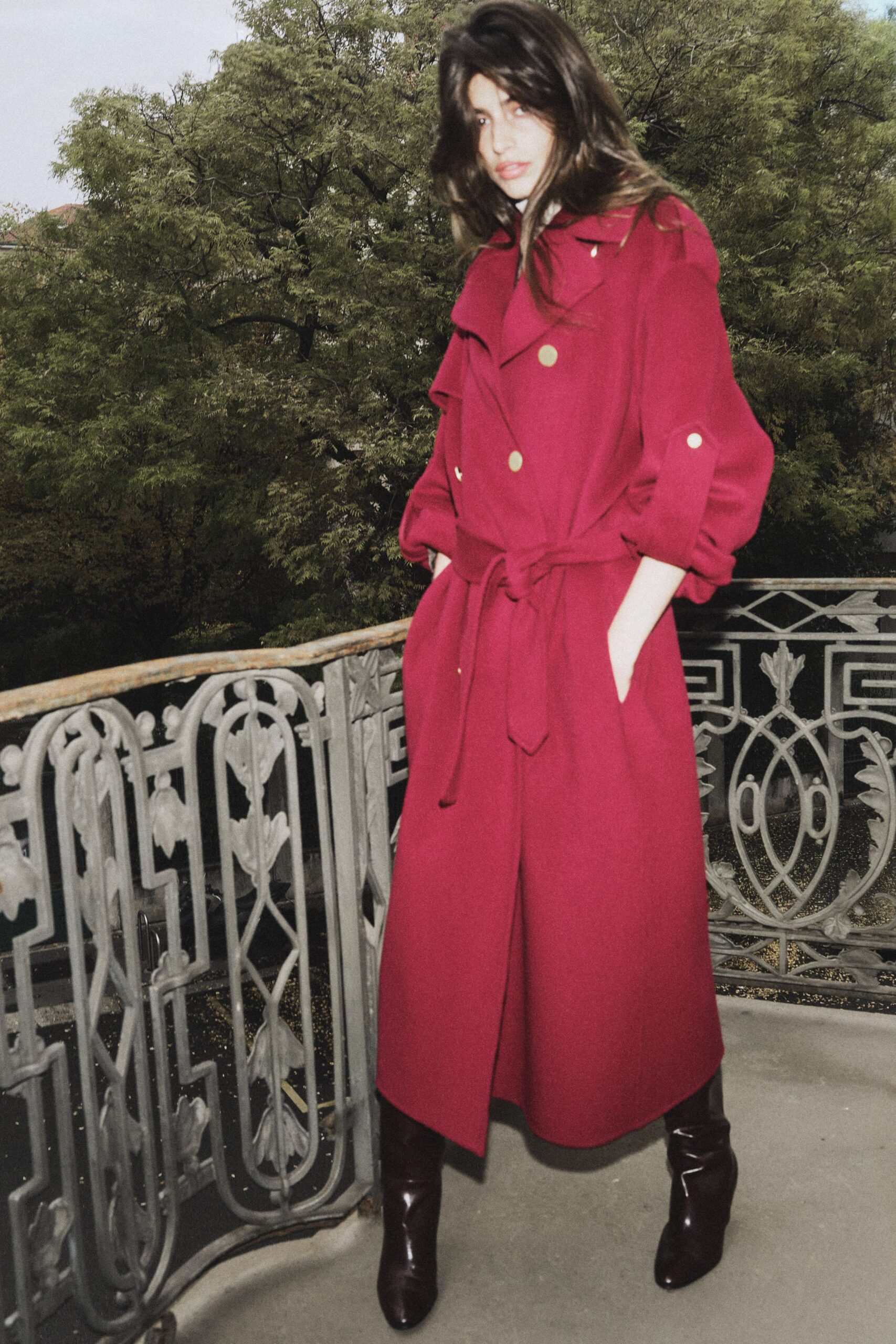 red wool long-sleeve collared relaxed belted layered coat