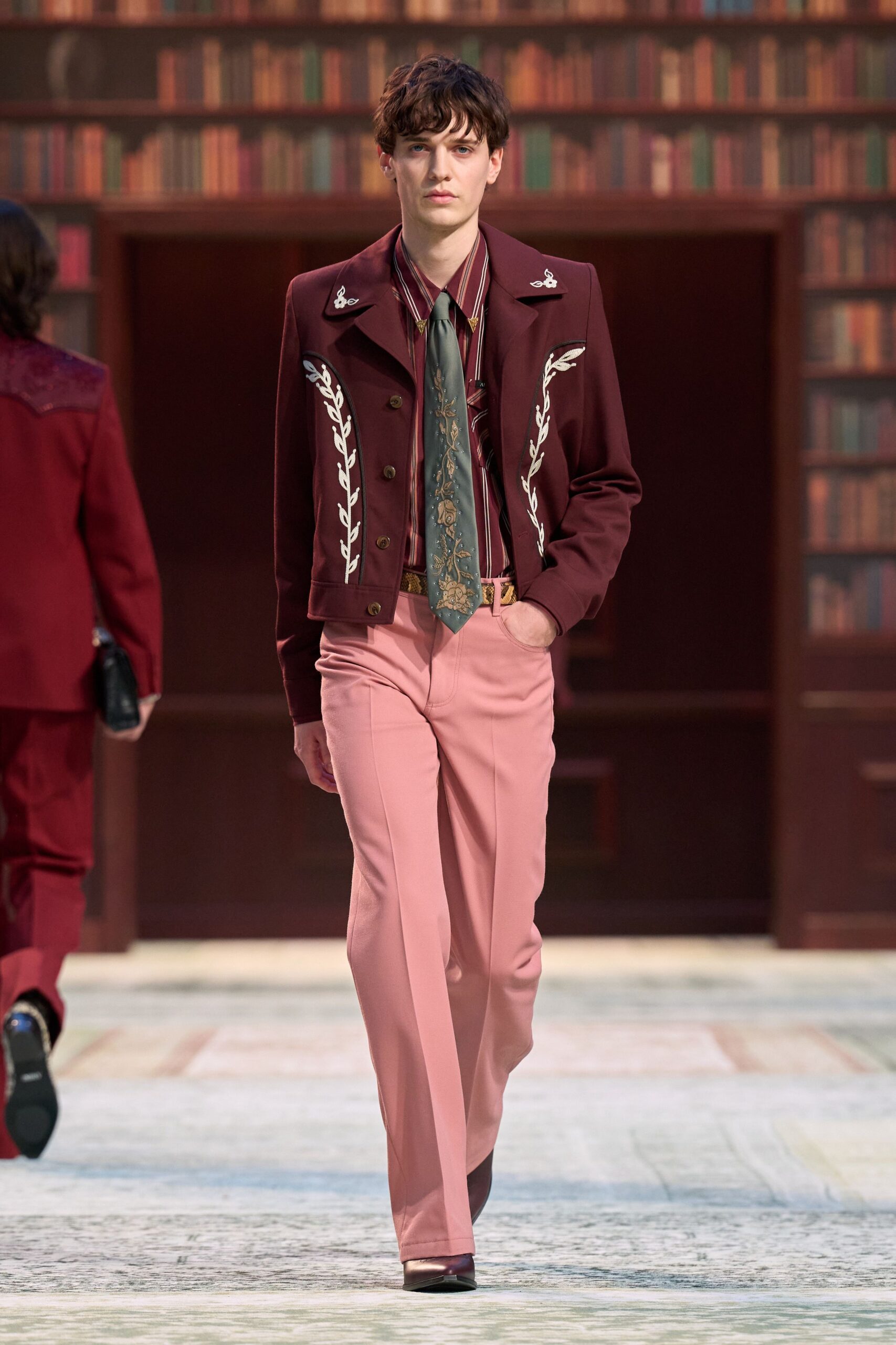 burgundy jacket with pink pants
