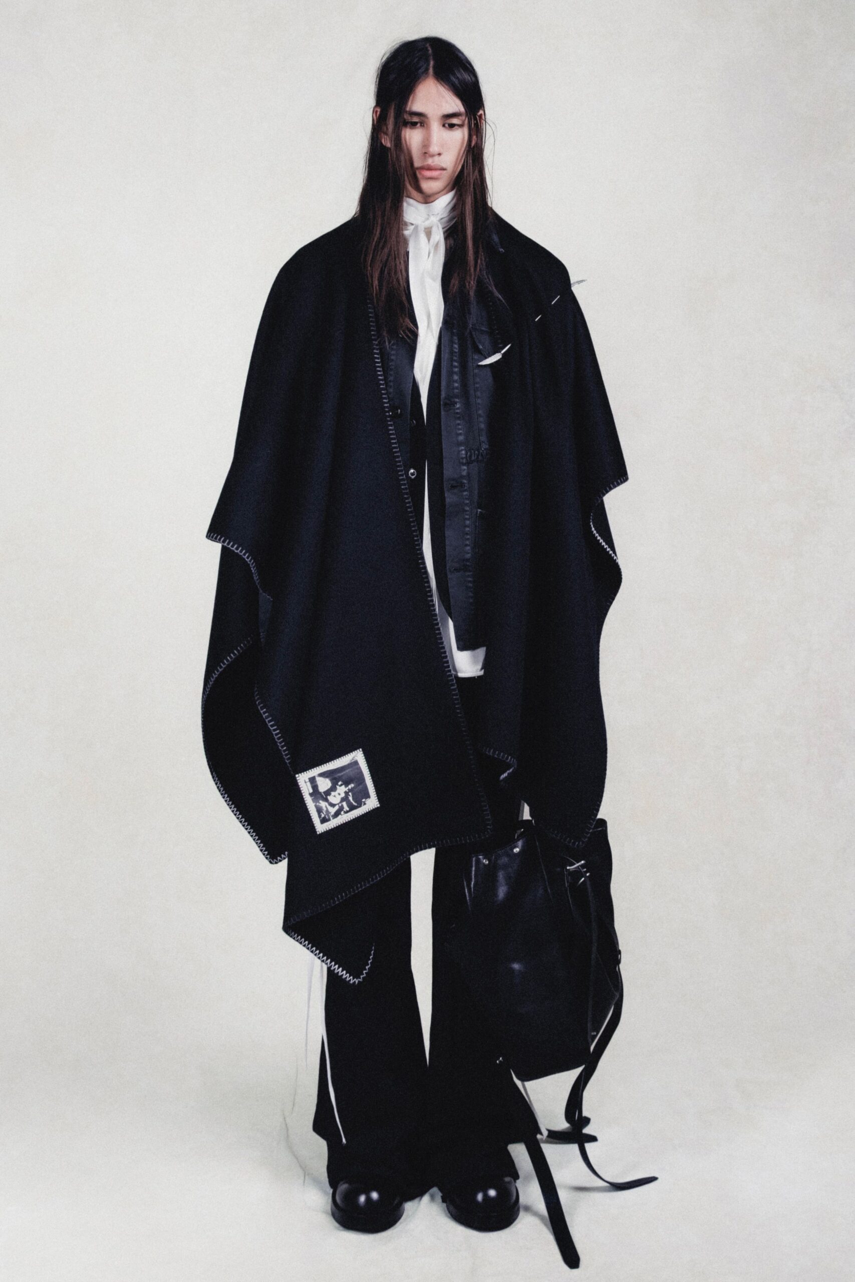 black wool relaxed layered poncho