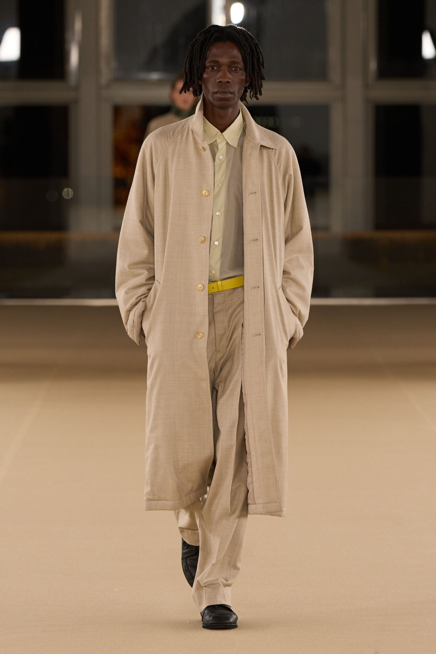 beige coat white shirt tailored pants