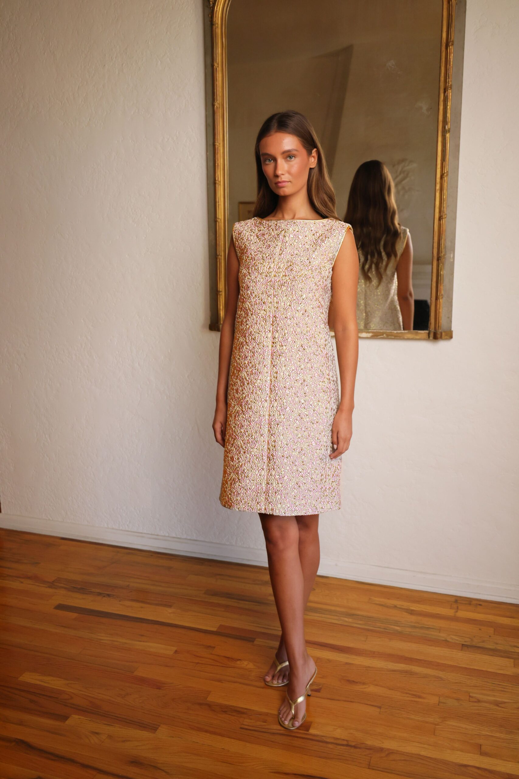 multi cotton sleeveless high-neck fitted pleated mini dress