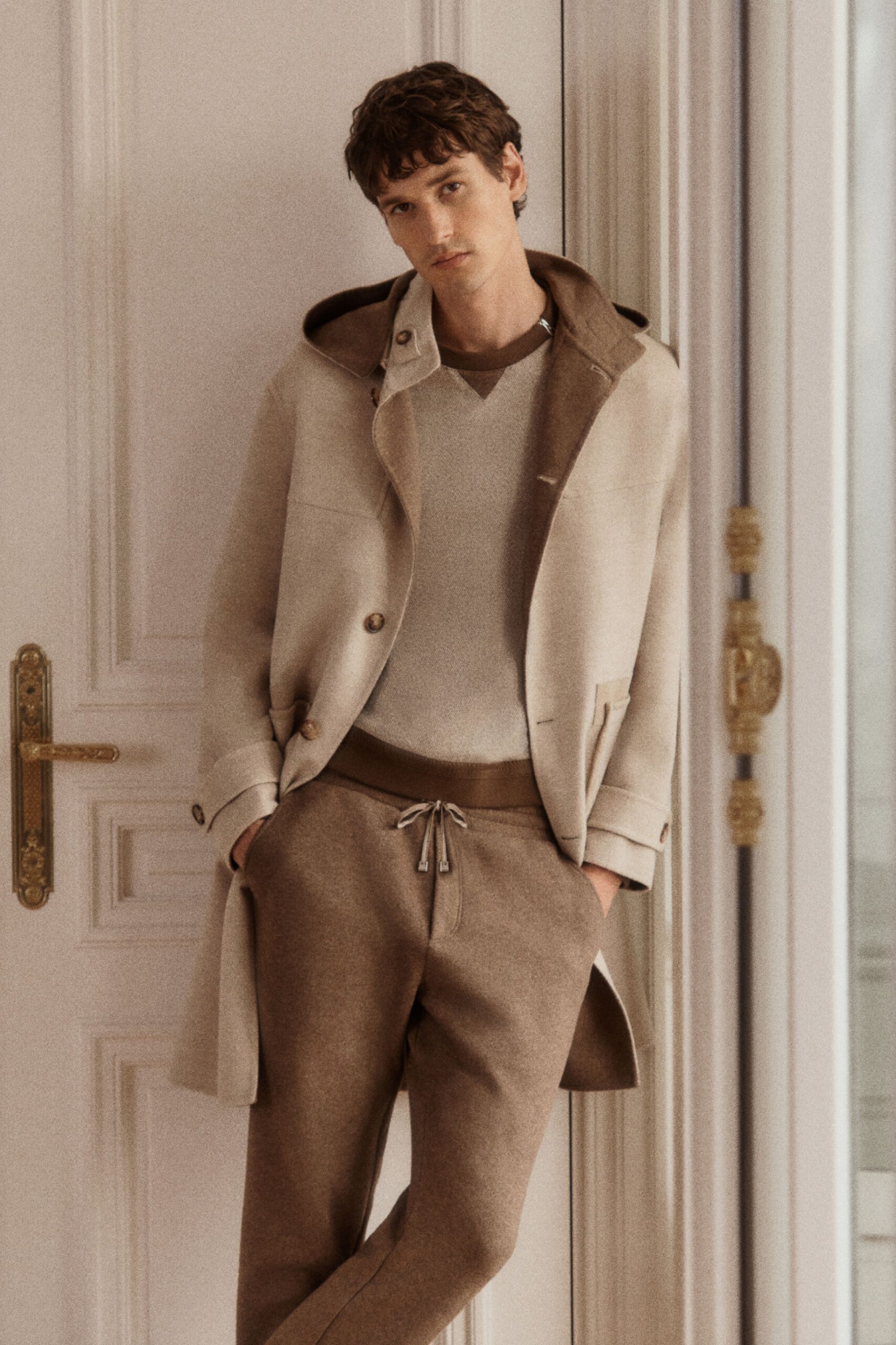 beige wool long-sleeve collared structured buttoned coat