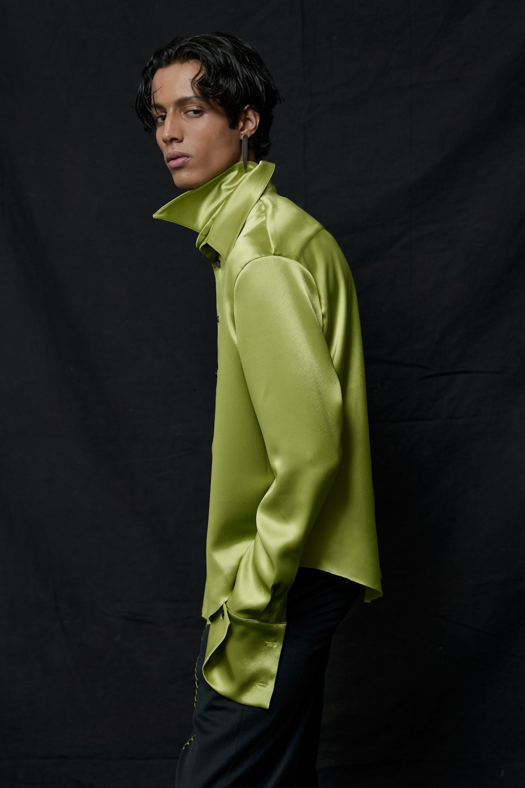 green silk long-sleeve collared relaxed shiny shirt