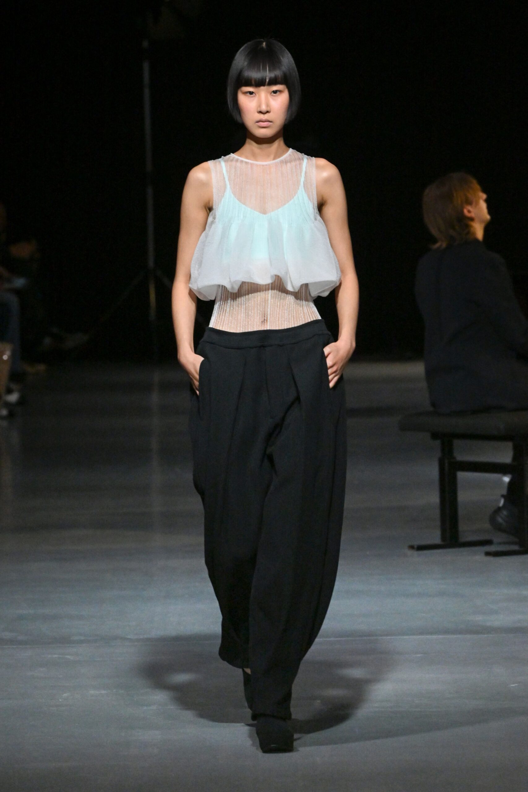 white layered top with black pants