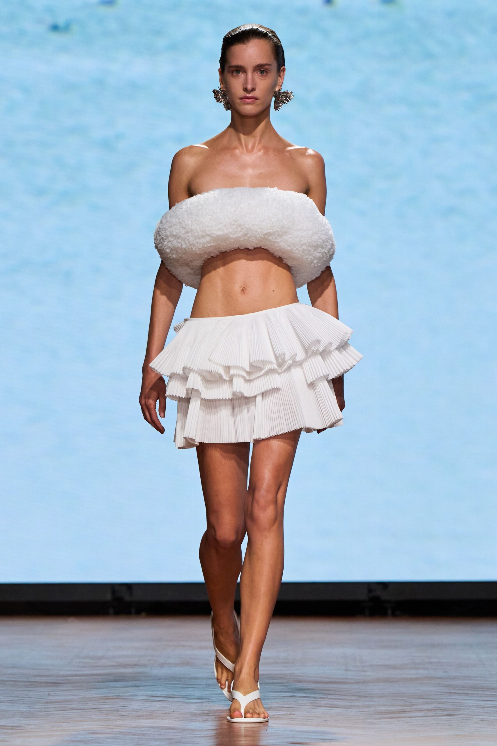 white cotton sleeveless off-shoulder fitted pleated ruffled dress